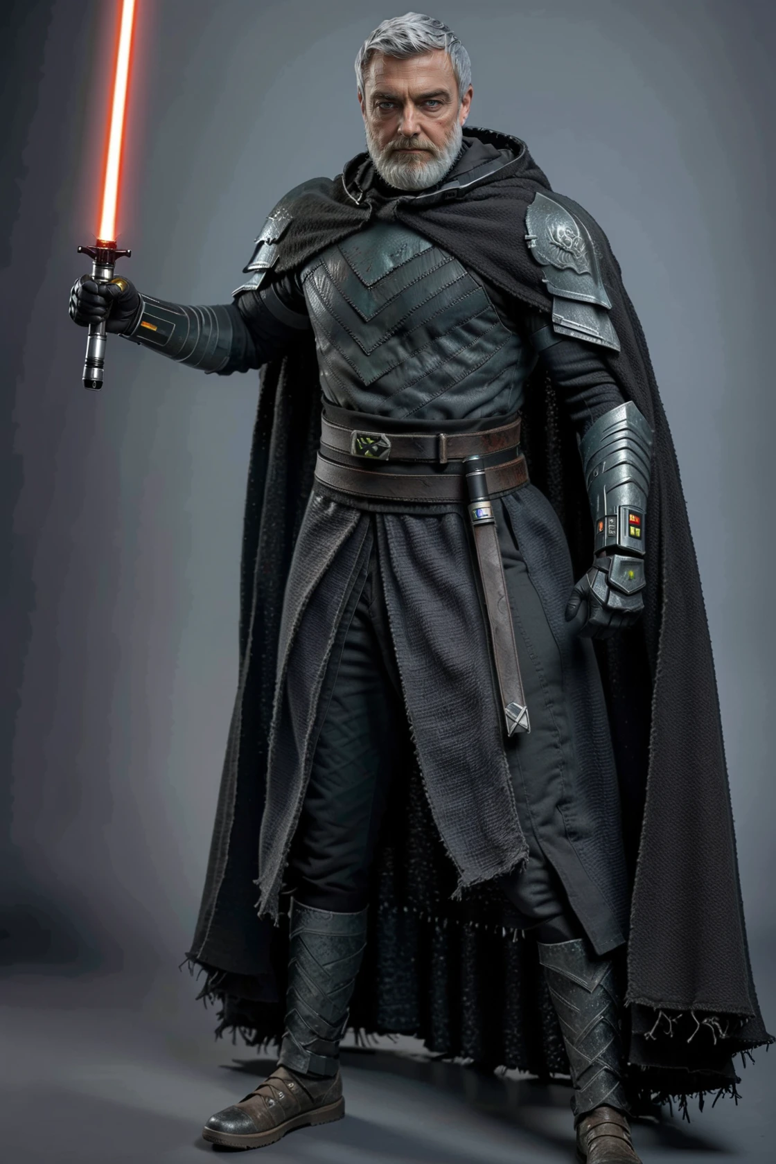 (side view1.5) of Baylan Skoll <lora:Baylan_Skoll:0.8> ((((running)))) with a red lightsaber wearing black cloak with hood, head covered with hood, (((exhibits acrobatic prowess on the planet Dathomir, engaged in battle with stormtroopers))), pose inspired by Boris Vallejo, brushwork echoing Carne Griffiths, and color palette reminiscent of Wadim Kashin, weathered and rugged armor, intense gaze, furrowed brow, dramatic shadows, worn body armor with intricate details, set under studio lighting, captured with a 5d camera, in HDR, 8k resolution, with a hyperdetailed Dathomirian landscape providing a stark backdrop, sharp focus, infused with a graphic novel aesthetic, cinematic, <lora:star-wars-style:0.3> Star wars style
