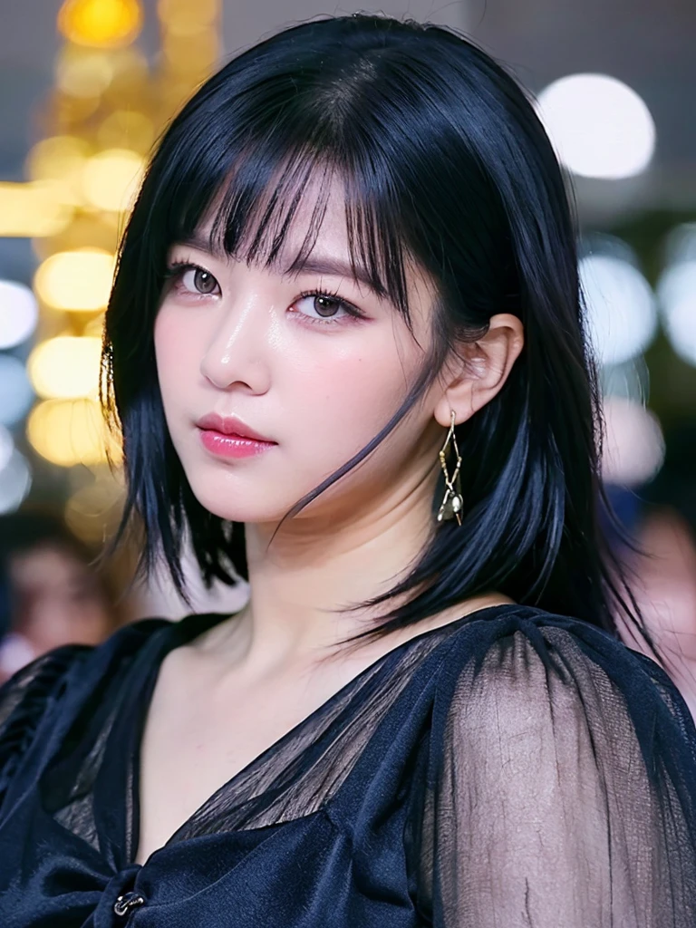 (RAW photo,best quality,realistic,photo-realistic:1.4),extremely detailed,8k wallpaper,Amazing,ultra-detailed,highres, 1girl, looking at viewer, black hair, jewelry, upper body, earrings, blurry, black eyes, lips, blurry background, makeup, portrait, realistic, photorealistic, kooo123, jeongyeon, medium hair <lora:JEONGYEON_006:0.8>