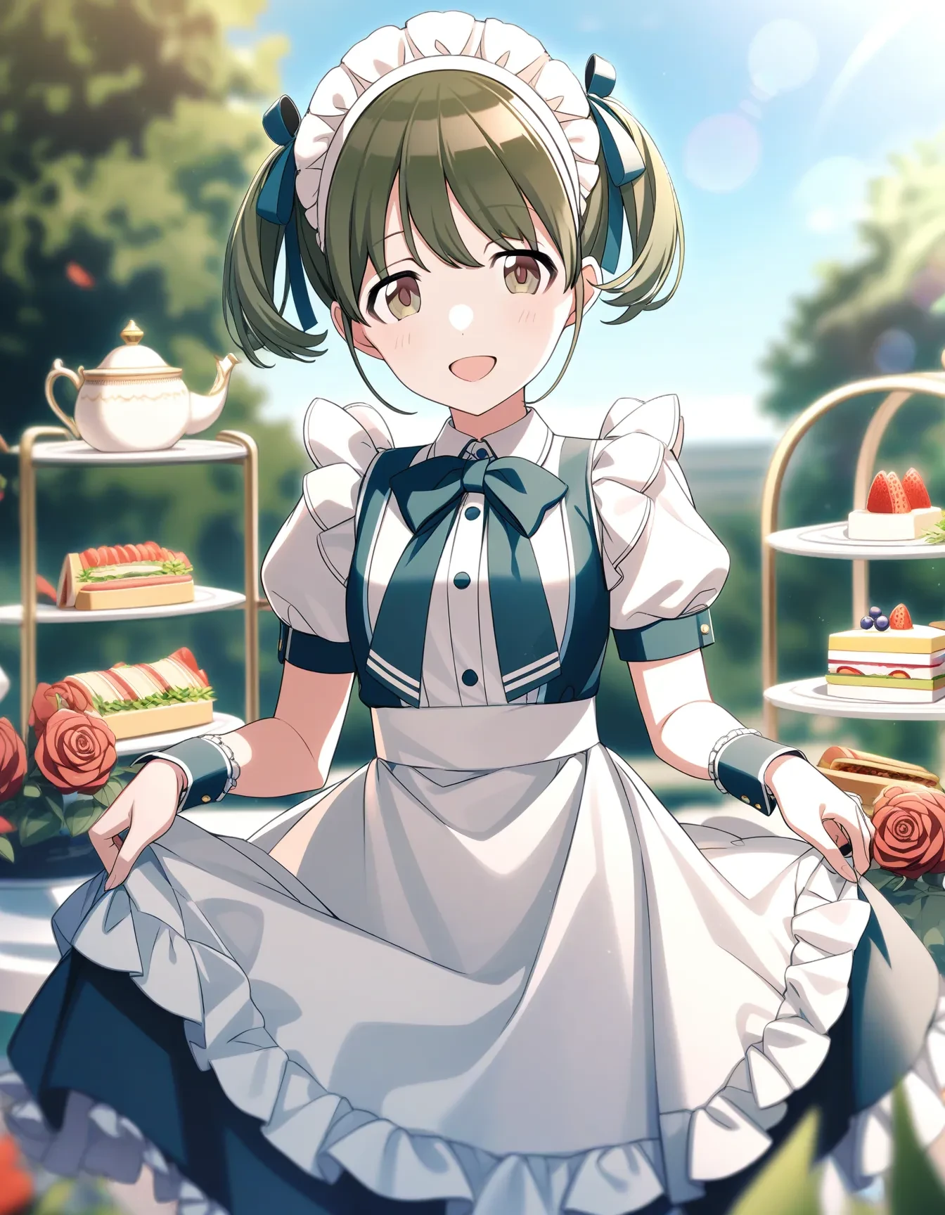 n_nanakusa, 1girl, solo, short hair, green hair, bangs, green eyes
food, outdoors, maid headdress, smile, apron, skirt hold, short sleeves, tiered tray, looking at viewer, flower, blurry, cake, maid, sandwich, open mouth, puffy sleeves, frills, puffy short sleeves, day, rose, depth of field, bow, blurry foreground, maid apron, twintails, ribbon, sky, :d, white apron, shirt, blush, blue sky, frilled apron, white shirt, dress, hair ribbon, bowtie, teapot, red flower, lens flare, cake slice, skirt, curtsey, wrist cuffs
<lora:a31_n_nanakusaXL:1>