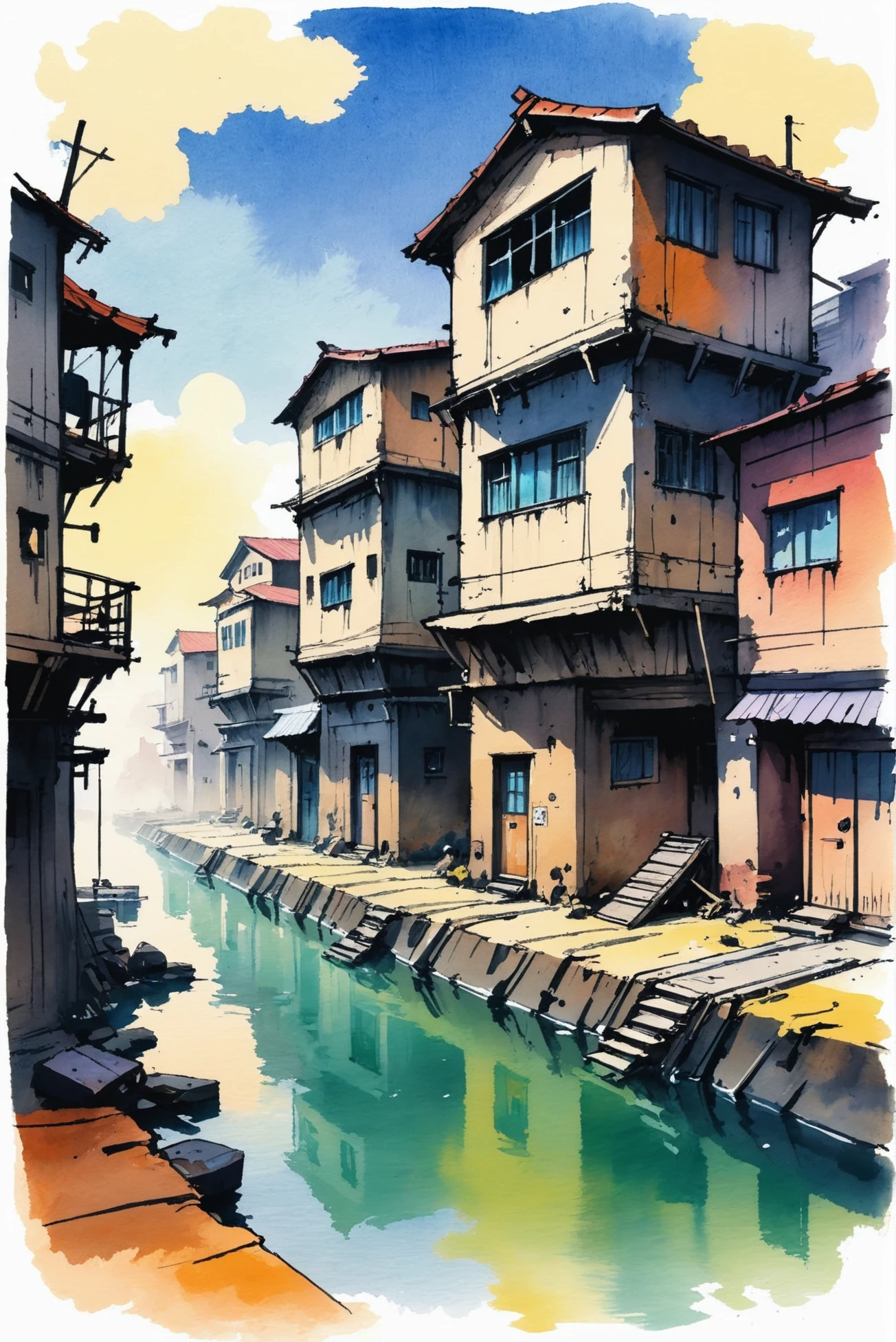 rough anime watercolor sketch, ink and wash, Dystopian Slum Housing \(room\) in a sky fantasy village in a River<lora:EnvyStarlightAnimeWatercolor01:1>