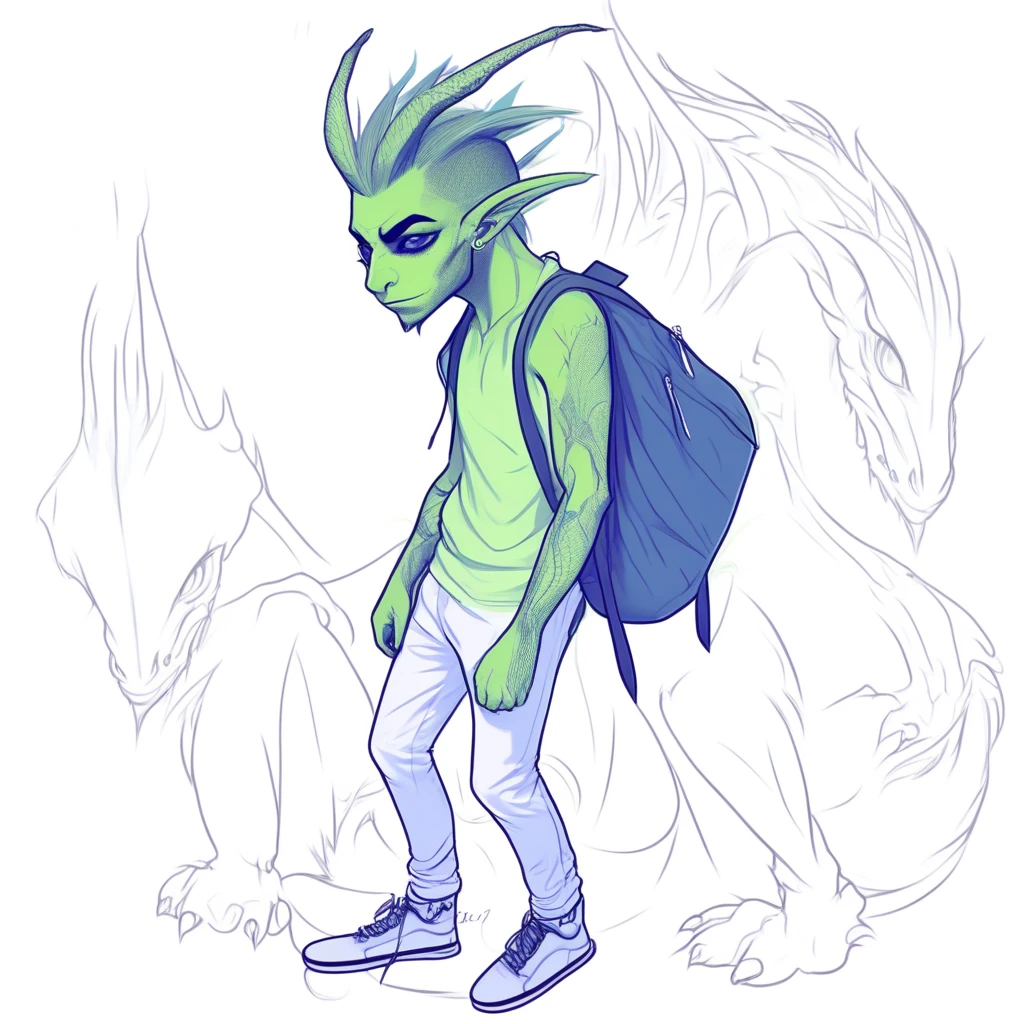 artllsktch, dragon boy, hood down, blue theme, outline, green skin, 2others, black sclera, bag, mature male, frown, ass, hair bun, pants