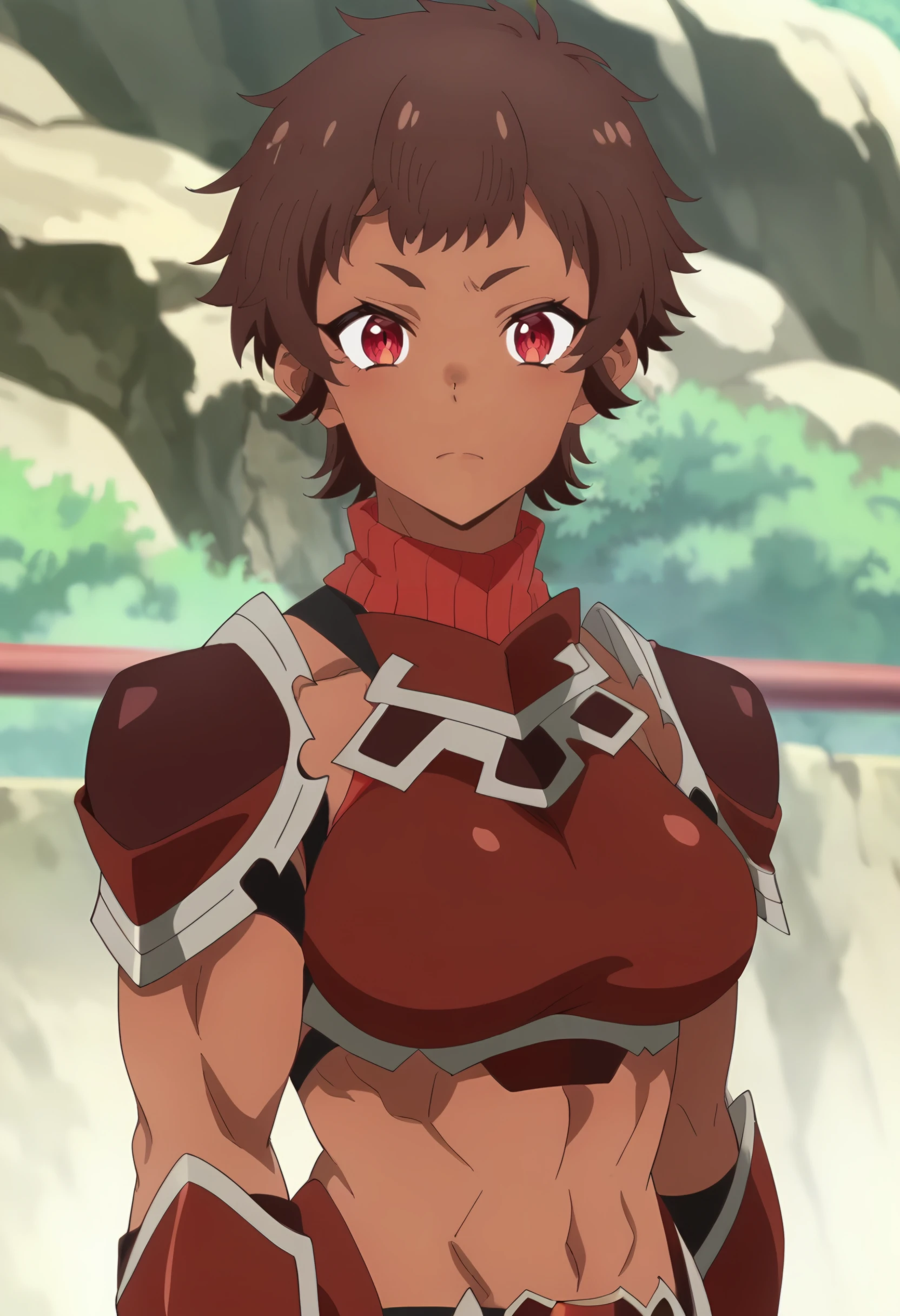 <lora:Blossom:0.9>  blossom, short hair, brown hair, dark-skinned female, 1girl, red eyes, solo, large breasts, muscular female,     portrait, looking at viewer, red armor, score_9, score_7_up,anime coloring ,source_anime, anime