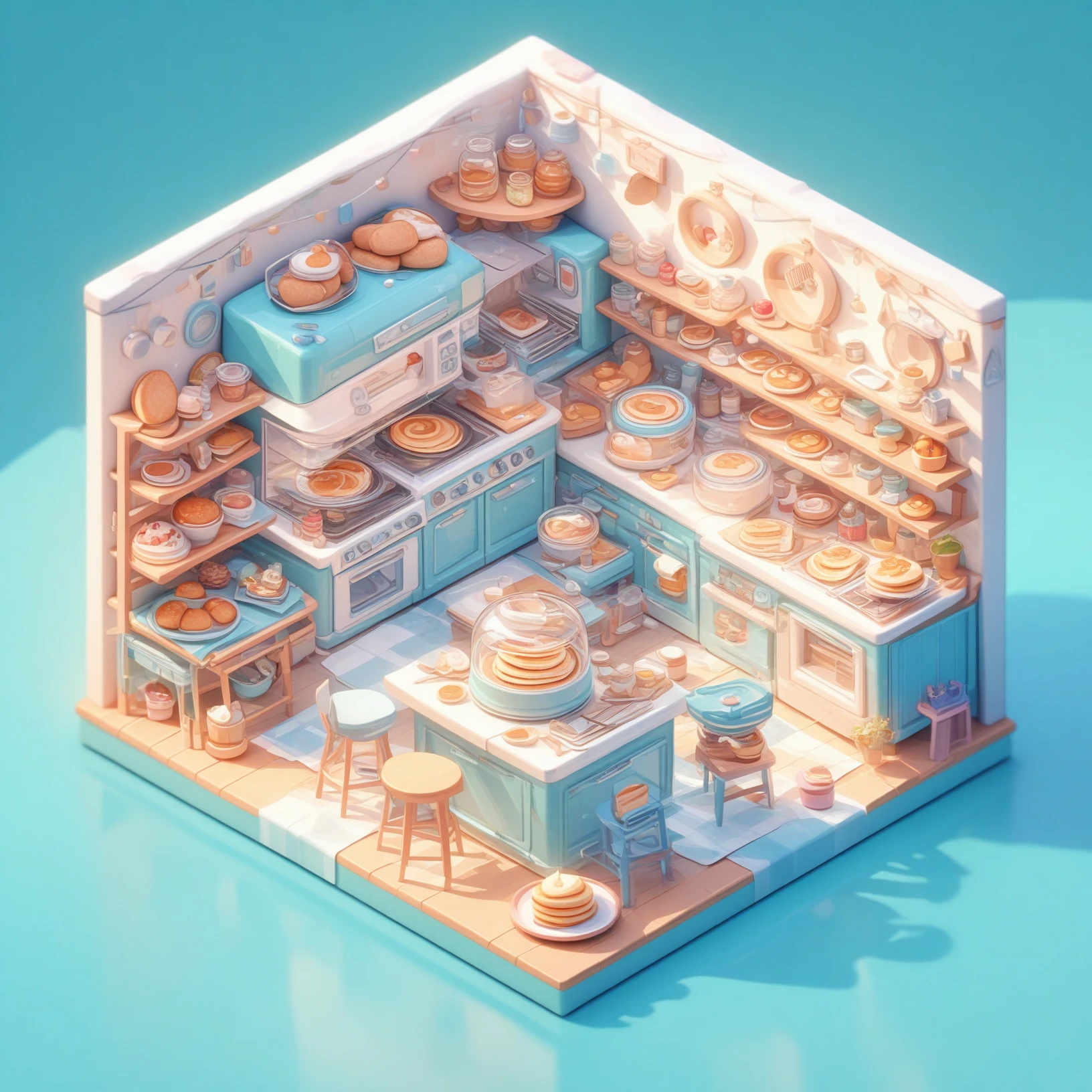 food,refrigerator,kitchen,no humans,plate,chair,table,fruit,shelf,pancake,stove,sink,cake,bread,bowl,spatula,jar,cup,simple background,scenery,stool,cutting board,indoors,tiles,knife,teapot,<lora:youxichangjingXL:0.8>,