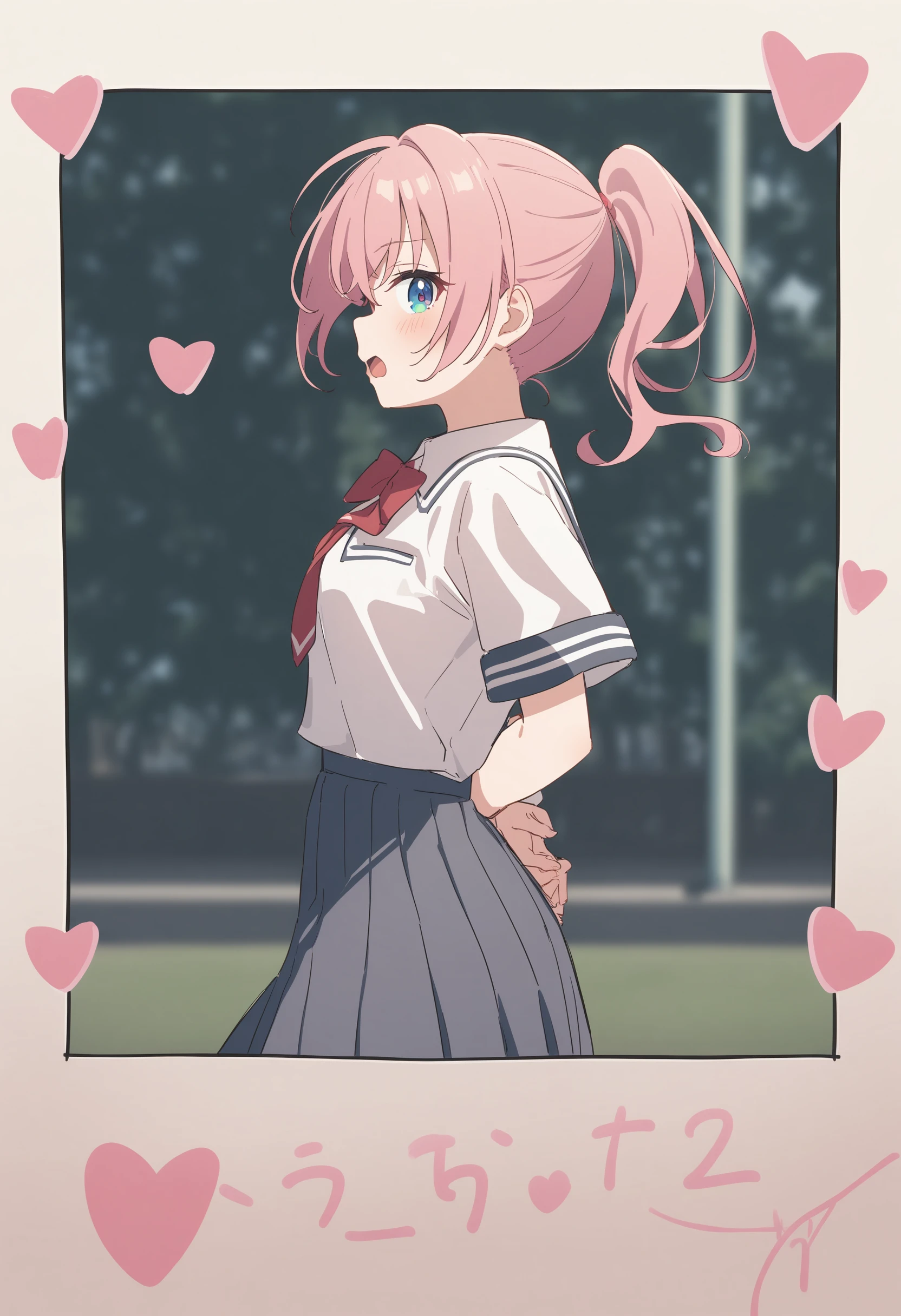 1girl,sincos, ningen mame, toosaka asagi,solo,medium breasts,school uniform,
polaroid, border, english text, character name, dated, artist name, signature,heart, twitter username,<lora:polaroid_XL_v1:0.8>
from side, wide shot, looking to the side, pink hair, heterochromia,troubled eyebrows, schoolyard, open mouth, front ponytail hair,,
best quality, very aesthetic, absurdres