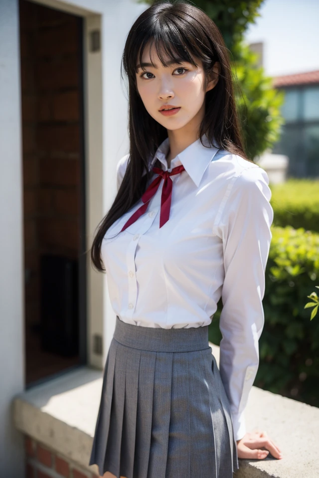 1girl,solo,skirt,shirt,long hair,flower,ribbon,white shirt,outdoors,parted lips,pleated skirt,bangs,looking at viewer,realistic,collared shirt,red ribbon,neck ribbon,long sleeves,day,blue skirt,black hair,arms behind back,school uniform,standing,cowboy shot,brown eyes,brown hair,black eyes,shirt tucked in,depth of field,blunt bangs,
realistic,photo background,looking at viewer,smile,indoors,
looking at viewer,best quality,masterpiece,illustration,an extremely delicate and beautiful,CG,unity,8k wallpaper,Amazing,finely detail,masterpiece,official art,extremely detailed CG unity 8k wallpaper,incredibly absurdres,huge filesize,ultra-detailed,highres,extremely detailed,realistic,,<lora:Coco_20240531003419:0.8>