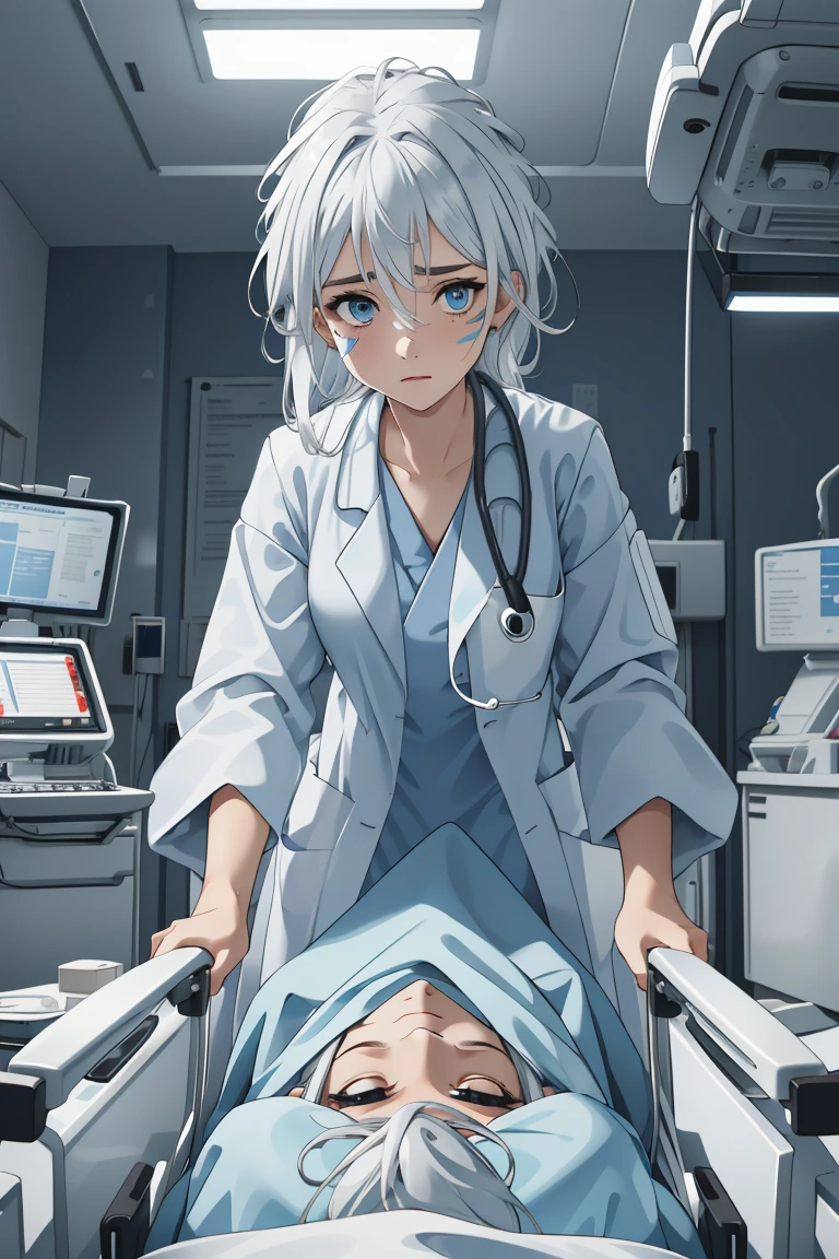 (RAW photo, best quality,facing the viewer,from front), operating room, overhead surgical light,blurred background, focused, dithering,backlighting, 
 <lora:Kidagakash:0.58> 1girl, kidagakash, solo, facial mark,blue eyes, white hair, 
<lora:Doctor_Push_Stretcher_V2.0:0.8> doctor_pushing_stretcher, 1girl, solo, doctor, stethoscope, labcoat,gurney,