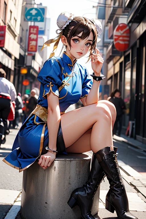 chunli,
chun li,(brown eyes:1.7),brown hair,(bun cover:1.5),double bun,eyeliner,hair bun,lipstick,makeup,pink lips,
BREAK blue dress,boots,bracelet,brown pantyhose,china dress,chinese clothes,cross-laced footwear,dress,gold trim,jewelry,pantyhose,pelvic curtain,puffy sleeves,sash,short sleeves,side slit,spiked bracelet,spikes,white footwear,
BREAK outdoors,
BREAK looking at viewer,full body,
BREAK <lyco:GoodHands-beta2:1>,(masterpiece:1.2),best quality,high resolution,unity 8k wallpaper,(illustration:0.8),(beautiful detailed eyes:1.6),extremely detailed face,perfect lighting,extremely detailed CG,(perfect hands, perfect anatomy),