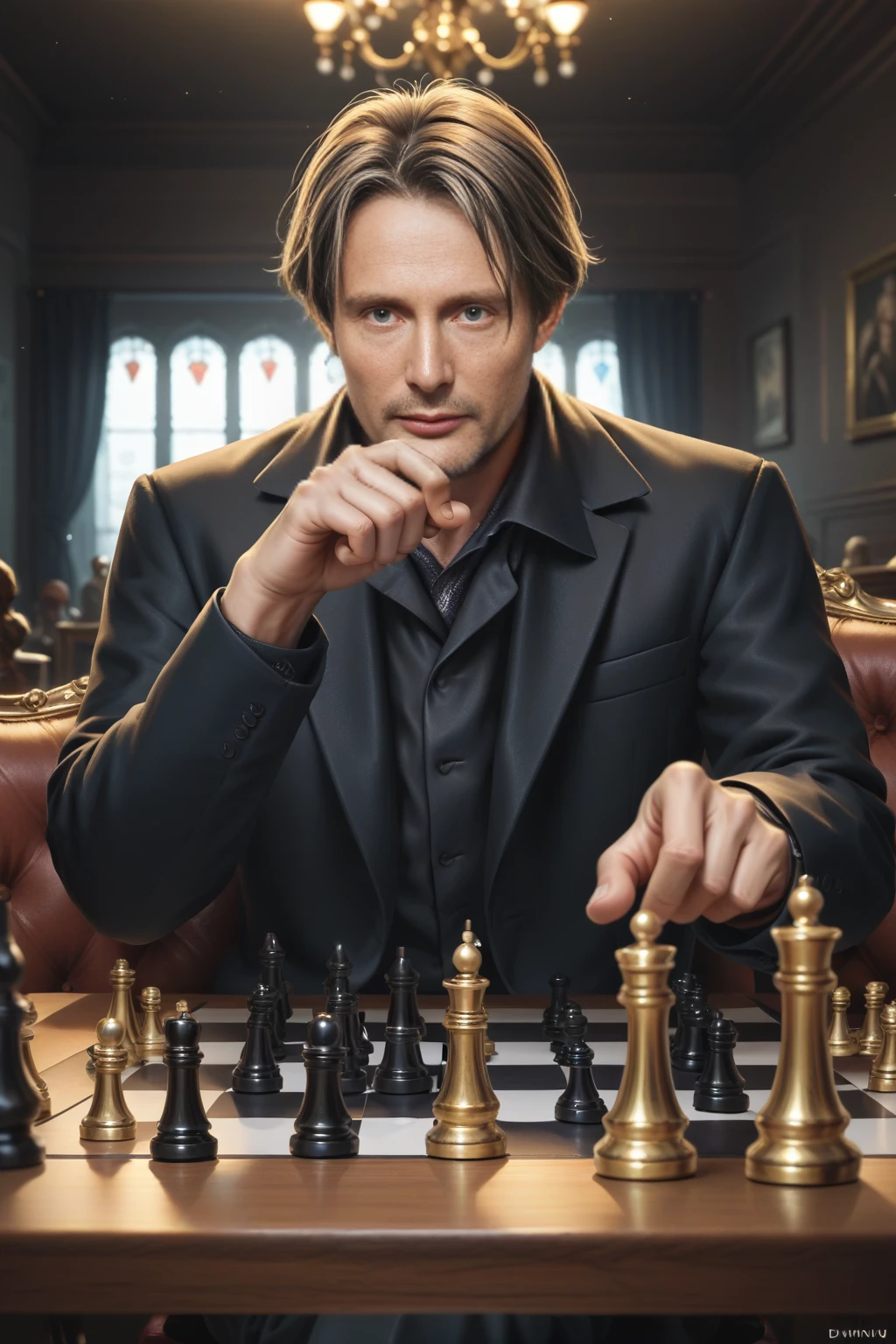 score_9,score_8_up,score_7_up older male, brown hair, black eyes, facial hair, clothes in black official suit, crossed legs, sitting at the table, chessboard, chess, dim dark light, room interior, thinking pose  <lora:Vincent pony:0.9> vincent