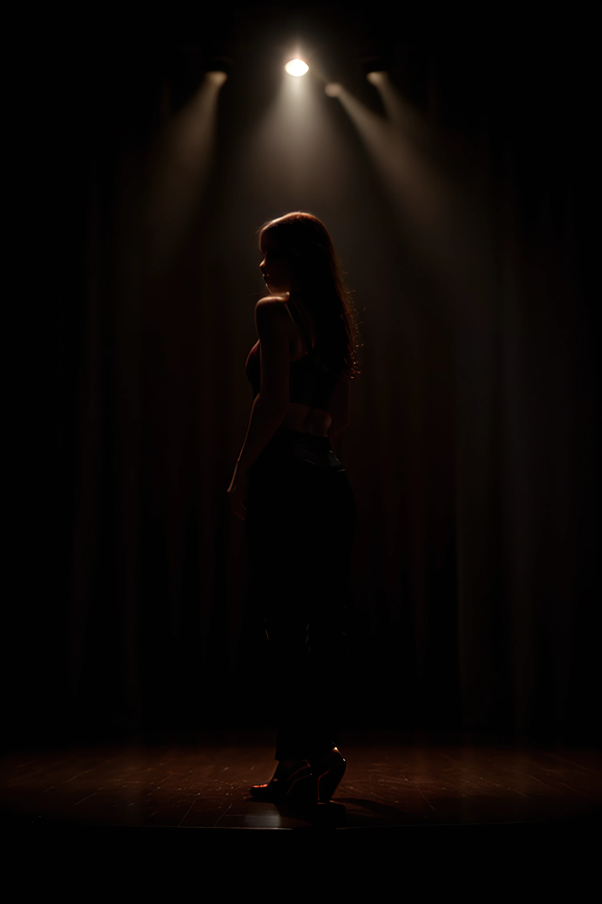cinematic film still Wooden stage, red velvet curtain, spotlight on stage, a foot stepping into the light, the body obscured by darkness, moody, cinematic, dancer shoes, black pants, . shallow depth of field, vignette, highly detailed, high budget, bokeh, cinemascope, moody, epic, gorgeous, film grain, grainy