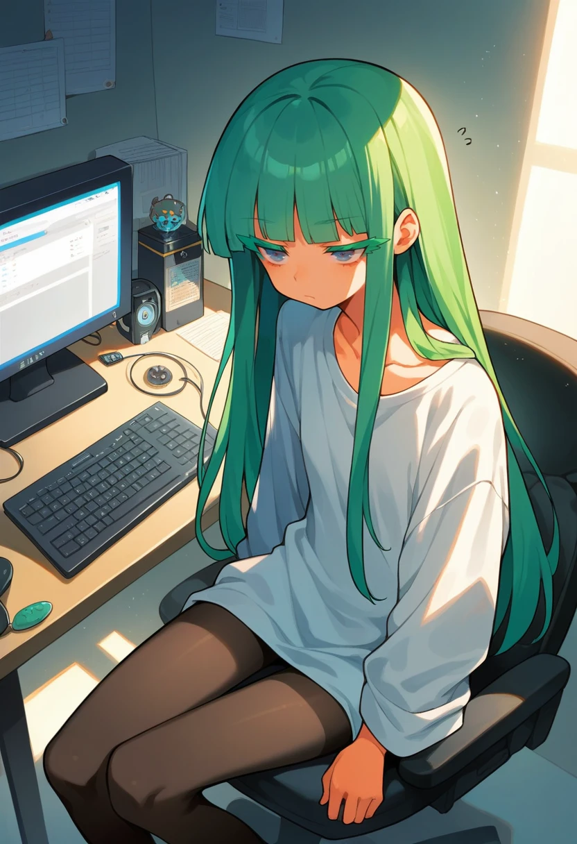 score_9, score_8_up, score_7_up, score_6_up, source_anime, masterpiece, newest,
dynamic angle, dynamic pose, 1girl, skinny, slender, innocent, sitting, arms at sides, long hair, portrait, shade, pantyhose, loose clothes, hacker, computer, sleepy, Colored eyelashes, green hair