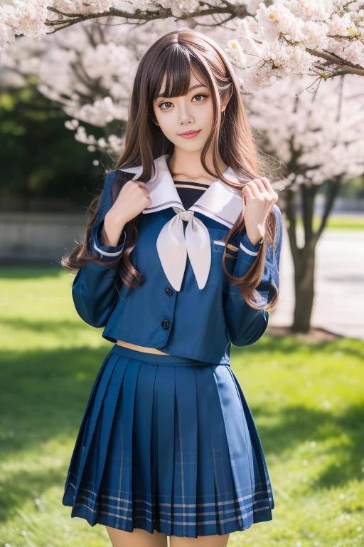 ltra-detailed,highly detailed,best quality,masterpiece,illustration,realistic,photorealistic,
bangdream, school uniform, 
1girl, solo, cosplay, 
serafuku, sailor collar, plaid skirt, pleated skirt, 
long sleeves, 
long hair, bangs, 
looking at viewer, standing, 
outdoors, blurry background, cherry blossoms, tree, day, shirt, grass, photo background, flower, spring \(season\), 
 <lora:bangdream_yzs_v1_06:0.8>