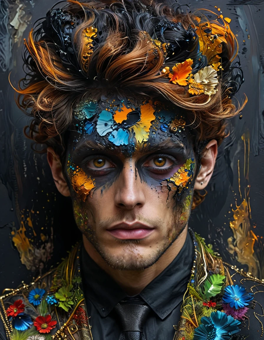 vantablack spraypaint, expressionism art by Jack Butler Yeats, fractal manifold of a Dark ages (Male:1.1) , wearing Eclectic ral-ntrllscp, Honey hair styled as Pompadour, Terrifying Bindi, Expressionistic, vibrant colors, dynamic compositions, dynamic brushstrokes, moody, vivid, <lora:ral-ntrllscp:1>, sunny, badge, delicate, highly color focused