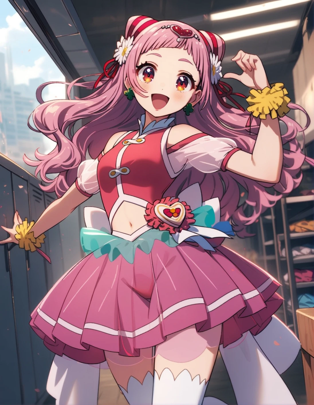 1girl, solo, <lora:sdxl-lyco-cure-yell-animagine_xl_3_1-v2:1>, cureyell,(pink hair:1.1),sleeveless, shoulder_cutout , see-through ,red_hair_ribbon, red_heart_hair_ornament ,earrings,hair_flower,hair_ornament, layered_skirt , standing ,, ,smile, open mouth, best quality, very aesthetic, ultra-detailed, intricate details, 4k,, newest, BREAK in a changing room