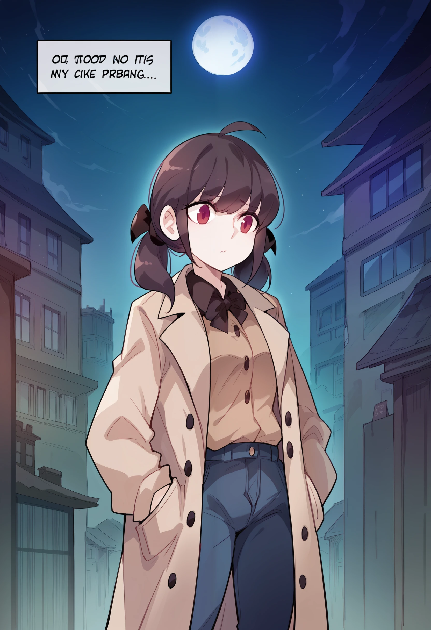 score_9,score_8_up,score_7_up,
1girl,
ahoge,
<lora:DOPL_01-40:1.2>,detective,fair_skin,bangs,twintails,long hair,overcoat,hair_ribbon,pants,trench_coat,full_moon,city,english text,