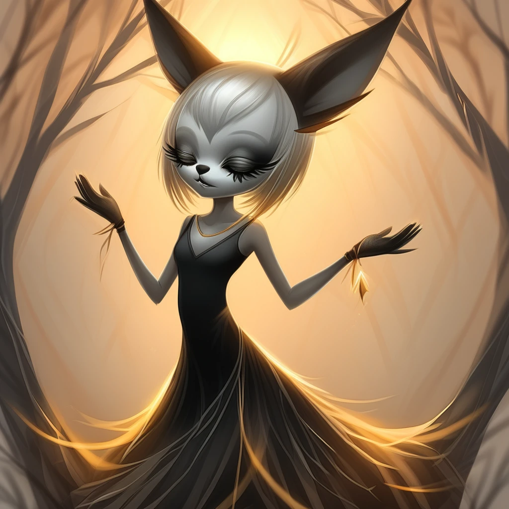 artncrln, holding, black dress, checkered floor, animal ears, outstretched arms, one eye closed, sleeveless, horns, tree, hair ornament, antennae, 1other, web address, anklet, black skin, gloves