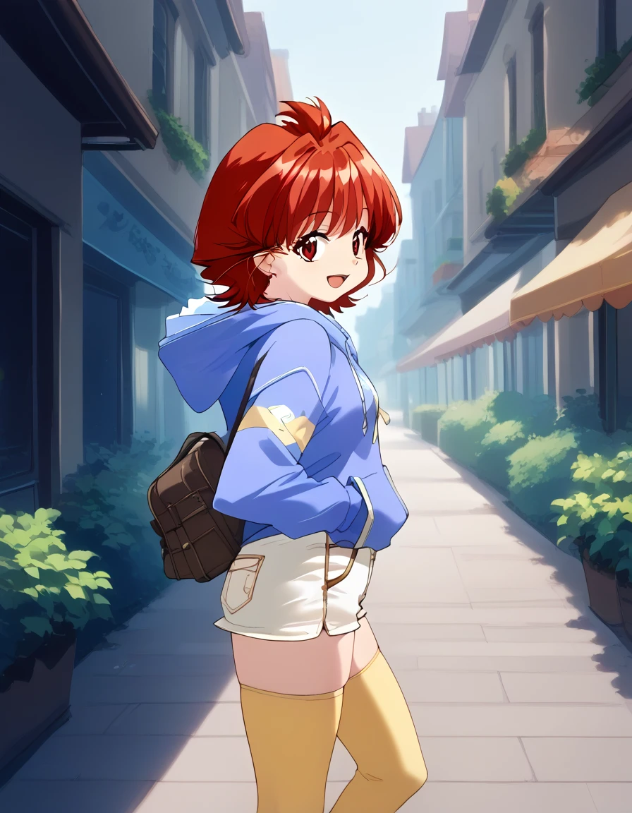 score_9, score_8_up, score_7_up, masterpiece, best quality, very aesthetic, absurdres, official art, official style, (anime screencap:1.2), (game cg:1.2), megami magazine, zPDXL2, zPDXLxxx, <lora:plasticnovel-sdxl-pd6:0.7> <lora:Aida Kaoru Viper-M3-3.2 pony v1_epoch_10:1.0>, 1girl, aida_kaoru, solo, solo focus, red eyes, BREAK, red hair, short hair, bangs, BREAK, 4fingers, shiny skin, shiny hair, blue hoodie, hoodie, (hood down:1.3), BREAK, white pants, shorts, BREAK, yellow legwear, BREAK, <lora:neg4all_bdsqlsz_xl_V91:1.0> <lora:ALTXL_pony_0061_8:2.5>, <lora:Difference_SaturationEbaraPonyCoolTemperatureV2_1e04:1.0>, (pov, from side), looking at viewer, walking, smile, open mouth, dim lighting, light particles, detailed background, (detailed background:1.2), outdoors,