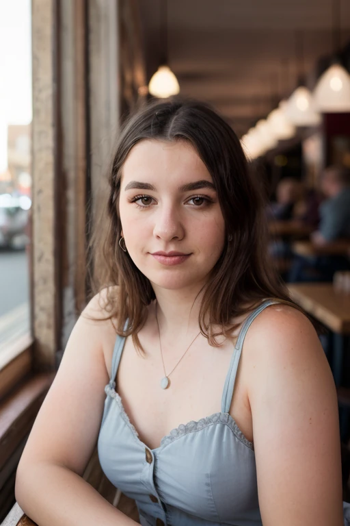 <lora:Sarah:0.8>, full color portrait of a young woman, having coffee at a vintage cafe, natural light, RAW photo, subject, 8k uhd, dslr, soft lighting, high quality, film grain, Fujifilm XT3, Nikon D850