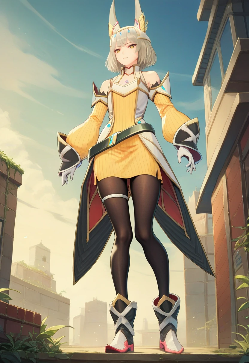 score_9, score_8_up, score_7_up, 1girl, solo, full body, detached sleeves, black belt, opaque tights, single thighband, hero, tailcoat, yellow dress, white gloves, flared shoes, face marks, yellow eyes, nia jewel, bob cut, fox ears, tiara, nia, outdoors<lora:nia xl 060 fro 999:1>