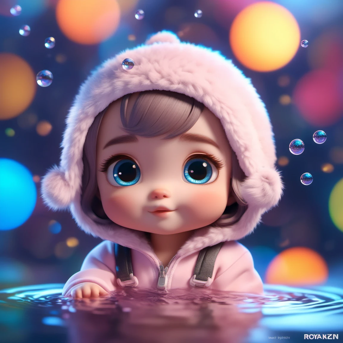 waterart, water,depth of field,[bubble] <lora:waterart:1>, cute, tiny, little chibi, kawai, furry, great face expression, dynamic pose, trending on artstation, cinematic, hyper realism, high detail, 8k, 8mm, octane render, bokeh, artstation, detailed, character design by mark ryden and pixar