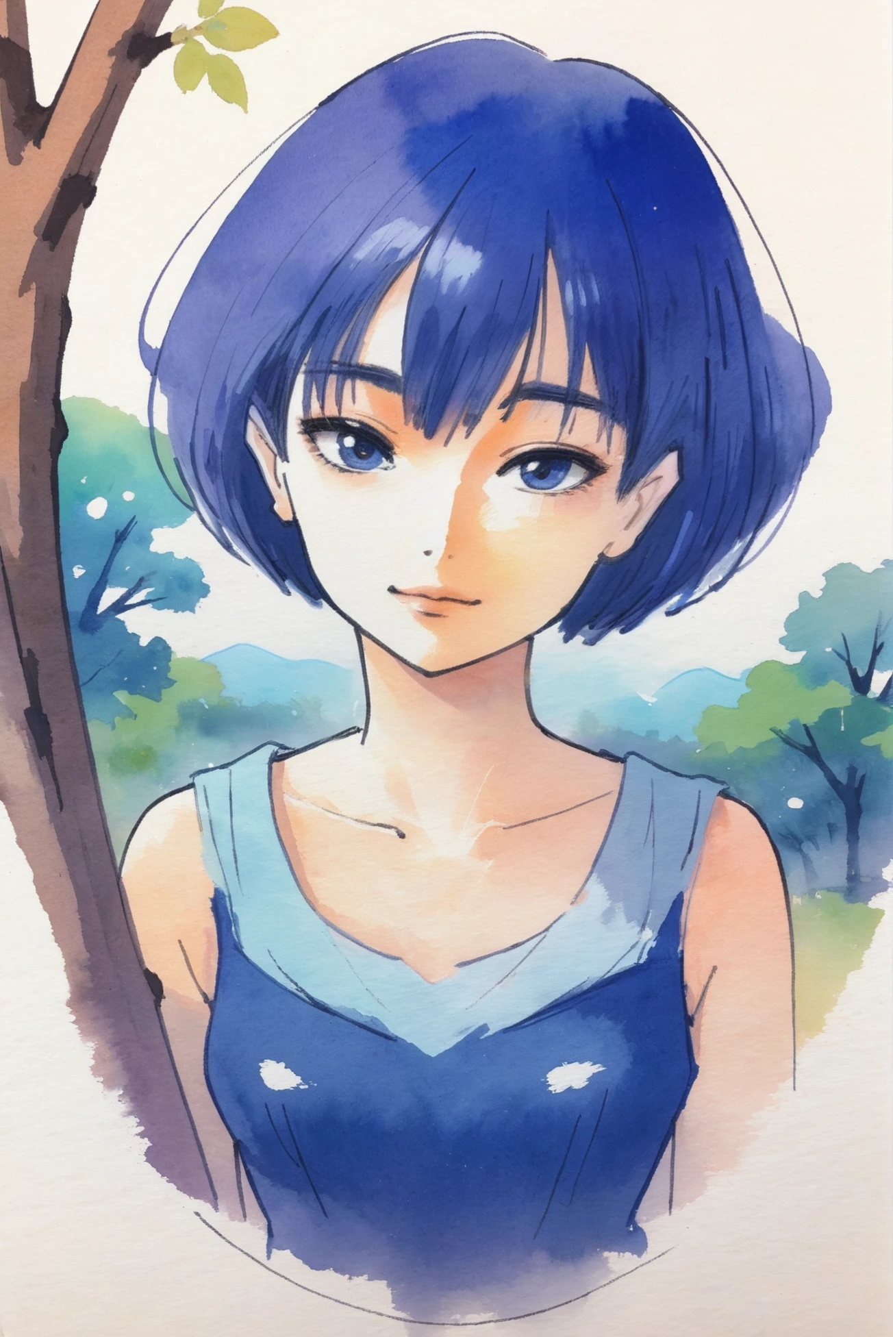 rough anime watercolor sketch, 1girl, woman, Oak tree sprite, see-through gossamer, one eye closed (winking), bombshell hair, glowing deep color:indigo hair, Flapper Bob, pale lightblue clothes, average figure, caucasian, cliffside,solemn fantasy village in a Micrometeoroid Pocked Areas<lora:EnvyStarlightAnimeWatercolor01:1>