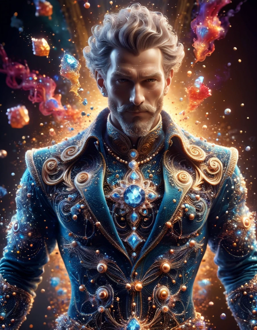 Concept art, Man, dressed in ral-prtclwvz, his ral-prtclwvz is made from Velvet and Diamonds, Joyful, burly, <lora:ral-prtclwvz:0.8>, sharp focus, complex, perfect composition, highly decorated, modified, magic atmosphere, beautiful detailed supreme quality color intricate, full color, cinematic light