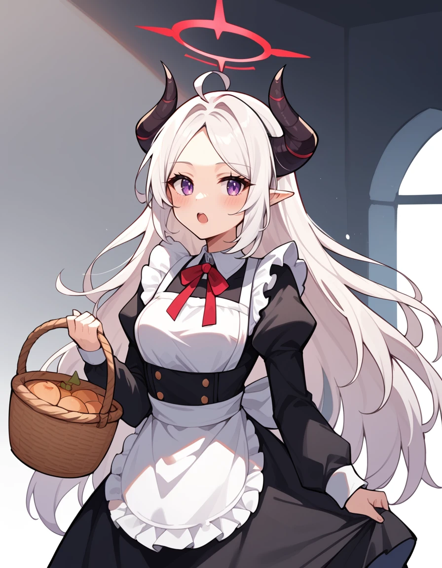 source_anime, ((score_9)),score_8_up,score_7_up,score_6_up,score_5_up,score_4_up,
1girl, solo, long hair, alternate costume, multiple horns, long sleeves, demon horns, thighhighs, cowboy shot, holding basket, horns, apron, basket, black horns, parted bangs, looking to the side, halo, holding, open mouth, purple eyes, enmaided, maid apron, blush, puffy sleeves, white background, sketch, ahoge, juliet sleeves, red halo, white hair, dungeon , maid,
best quality, masterpiece, absurdres