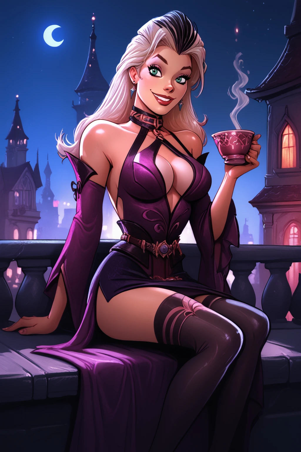 score_9, score_8_up, score_7_up, masterpiece, high quality
 <lora:Sindel MKPonyLoRA:0.8>Sndl, long hair, two-tone hair, hair slicked back, collar, top, detached sleeves, belt, skirt, cleavage cutout, thighhighs, 
in a city at night, smile, sitting on a bench holding a cup of tea   <lora:Dean Yeagle StylePonyLyco:1> dystlye