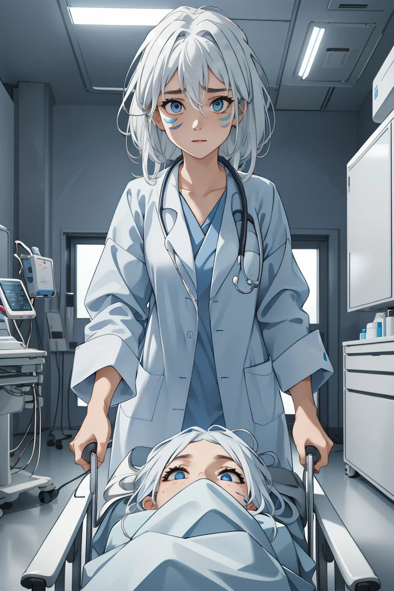 (RAW photo, best quality,facing the viewer,from front), operating room, overhead surgical light,blurred background, focused, dithering,backlighting, 
 <lora:Kidagakash:0.58> 1girl, kidagakash, solo, facial mark,blue eyes, white hair, 
<lora:Doctor_Push_Stretcher_V2.0:0.8> doctor_pushing_stretcher, 1girl, solo, doctor, stethoscope, labcoat,gurney,