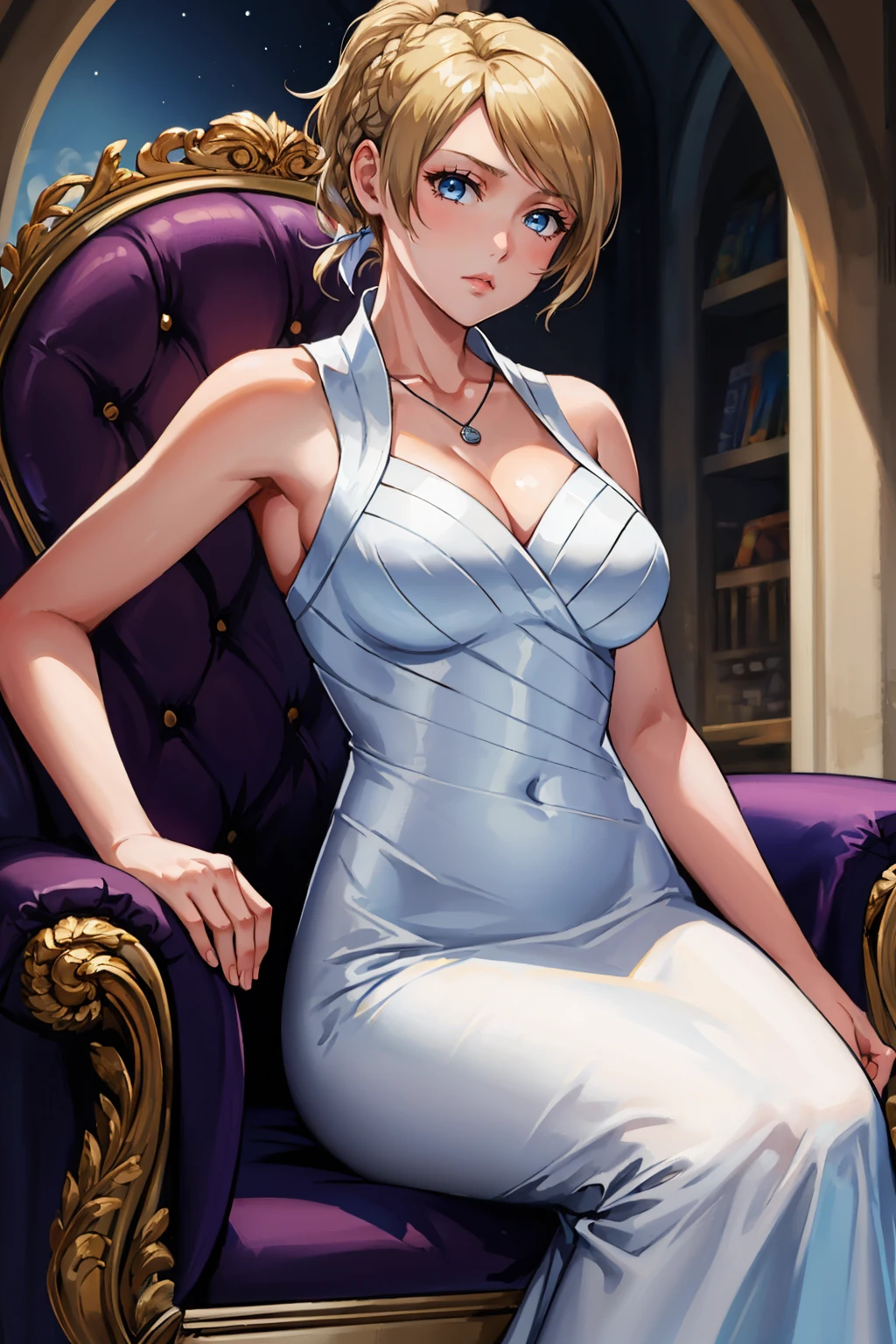 masterpiece, best quality, 1girl,   <lora:lunafreya-nvwls-v1-000009:0.9> lunafreya, braid, ponytail, necklace, white dress, sleeveless dress, long dress, large breasts, sitting, throne, looking at viewer, expressionless,