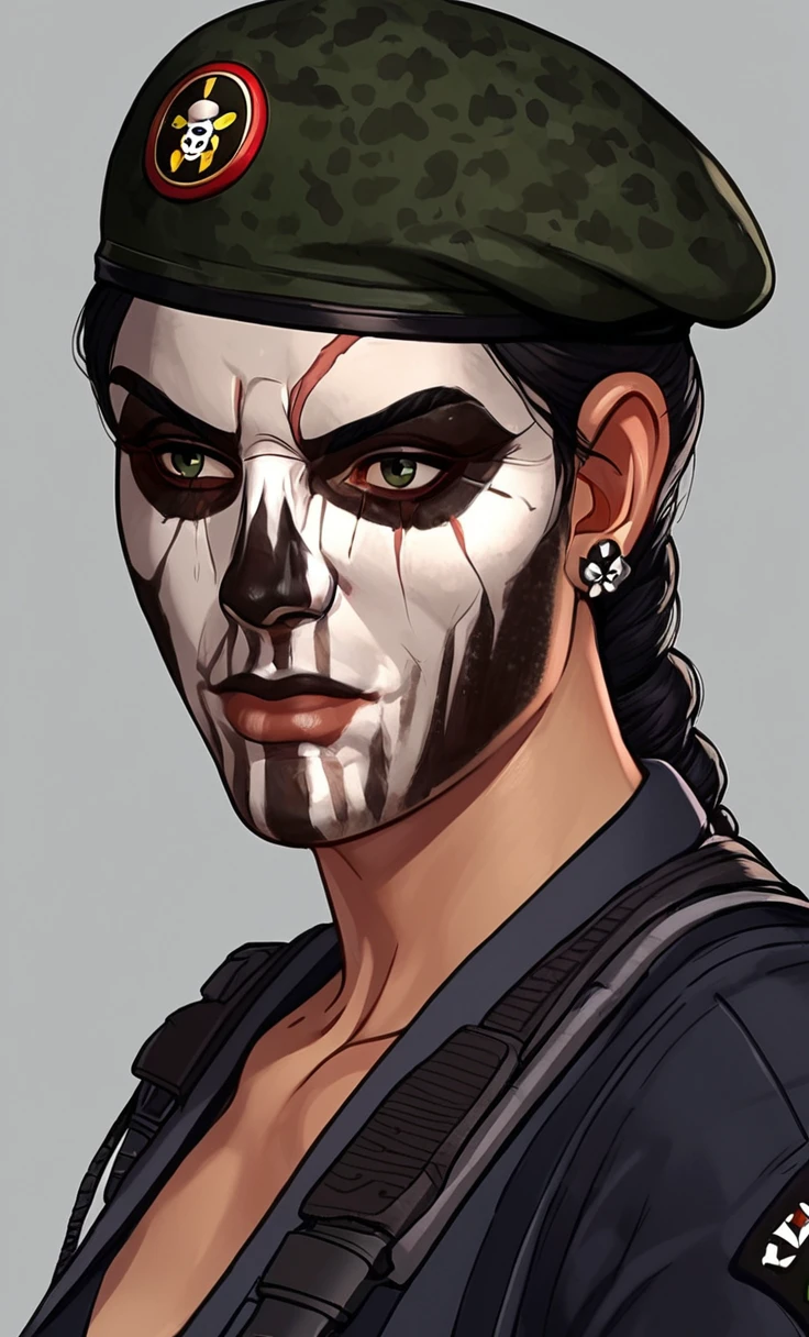 score_9, score_8_up, score_7_up,derpibooru_p_95, source_anime, very aesthetic, anime screencap, anime coloring, <lora:Caveira_Rainbow_Six_Siege_PONY_XL_by_UOC:1>,
caveira, caveira \(Rainbow Six Siege\), caveirawarpaint, 1girl, solo, simple background, black hair, 1boy, hat, jewelry, closed mouth, weapon, male focus, earrings, gun, beret, scar, portrait, realistic