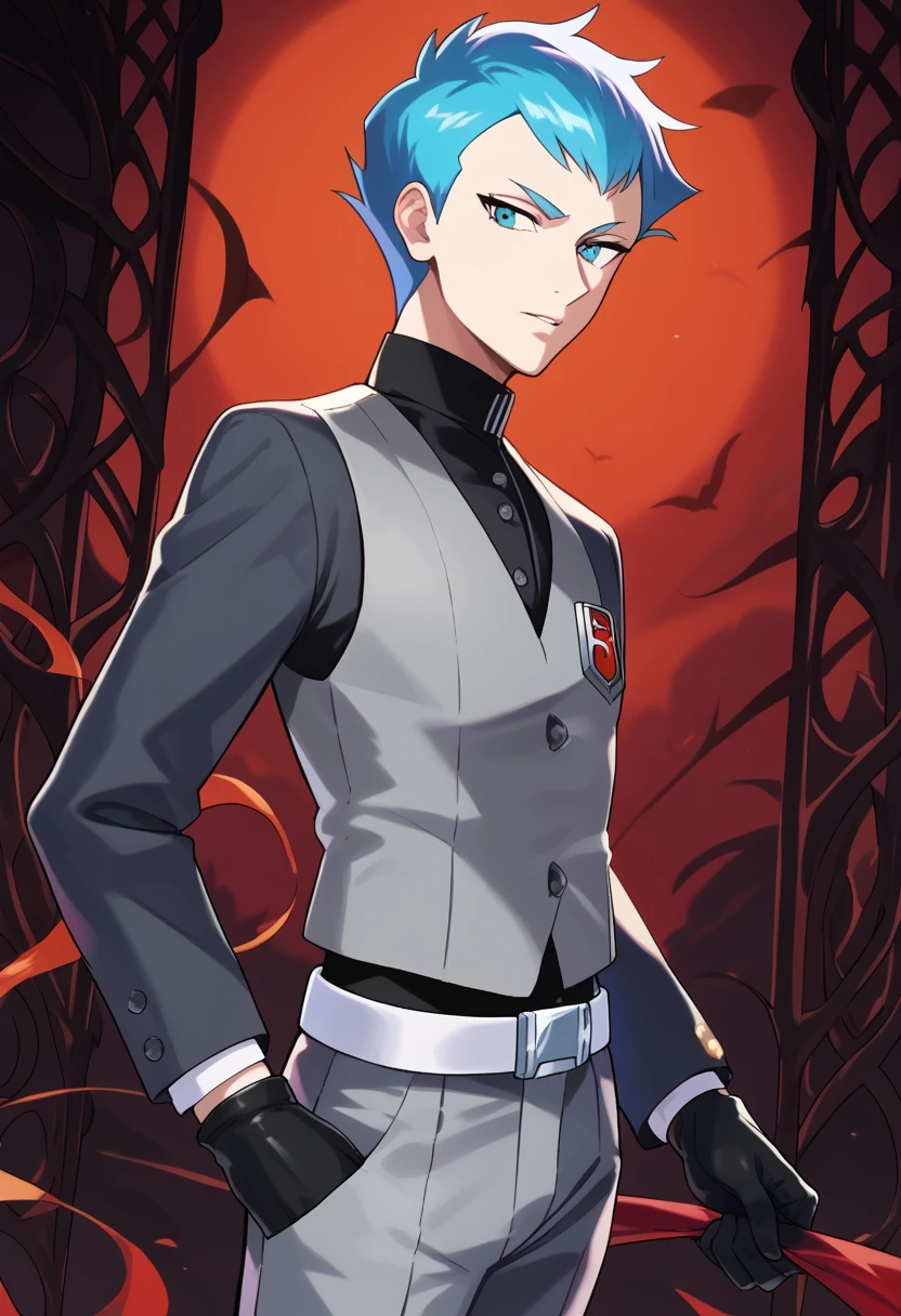 score_9, score_8_up, score_7_up, masterpiece, best quality, amazing quality, best aesthetic, absurdres, intricate details, archer, blue eyes, blue hair, black shirt, grey vest, grey pants, white belt, white shoes, black gloves<lora:EMS-382830-EMS:1.000000>