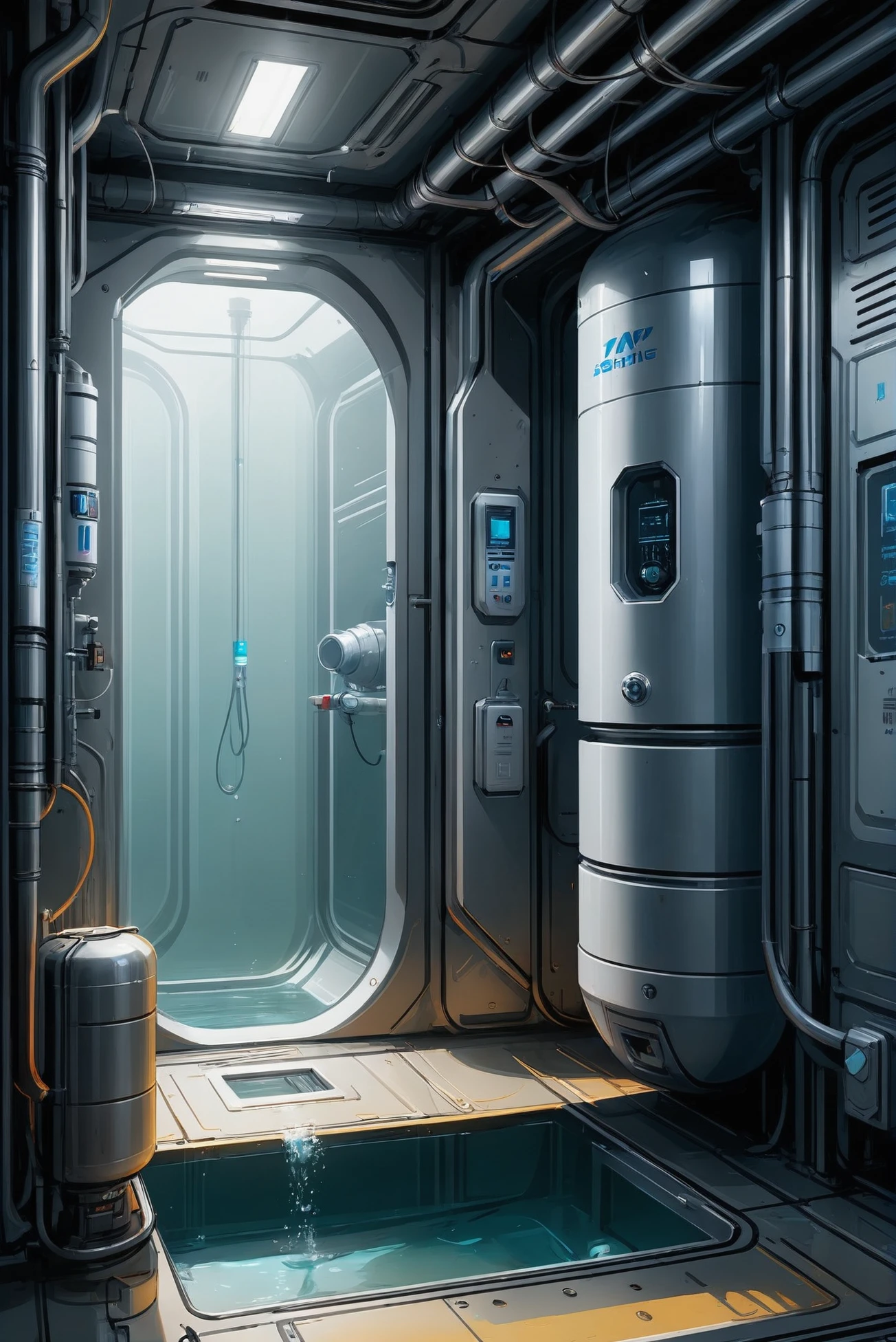 finely detailed scifi digital painting, Water Purification and Storage \(room\) <lora:EnvyStarlightScifiDigitalPainting02:1.25>