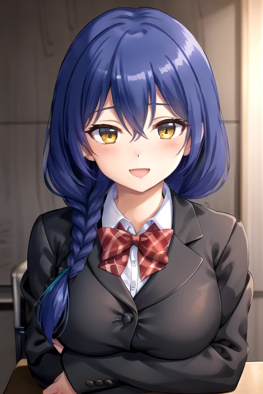 ((masterpiece)),(best quality),official art,extremely delicate and beautiful,extremely detailed CG,unity 8k wallpaper,ultra detailed,beautiful detailed eyes,extremely detailed face,outdoors,1girl,solo,upper body,(portrait:1.5),looking at viewer,facing viewer,smile,Hariu Rinko,long hair,blue hair,single braid,hair ribbon,aqua ribbon,hair between eyes,parted bangs,yellow eyes,school uniform,black jacket,blazer,red bowtie,white shirt,collared shirt,long sleeves,large breasts,skindentation,miniskirt,white skirt,pleated skirt,zettai ryouiki,black thighhighs,loafers,black footwear,<lora:Hariu Rinko(rk):0.8>,