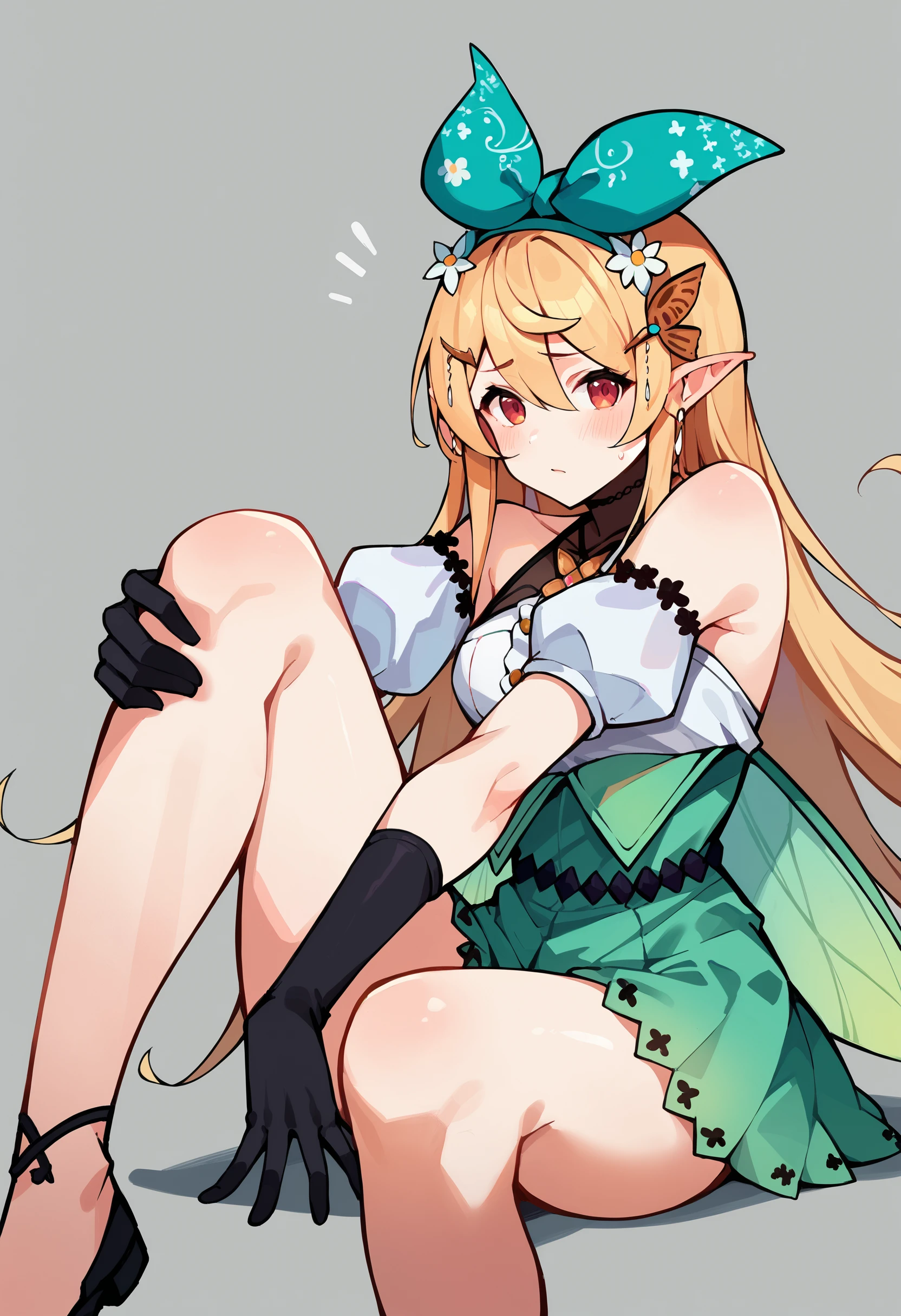 nsfw,((One man and one woman,Having sex)),Riding on top of a naked man,On all fours,Nipples,Small breasts,Bare Breasts,hair ribbon green hairband ,pointy ears,yellow bow green dress bare shoulders detached sleeves clothing cutout skirt green gloves,Open Mouth Smile,Simple Background