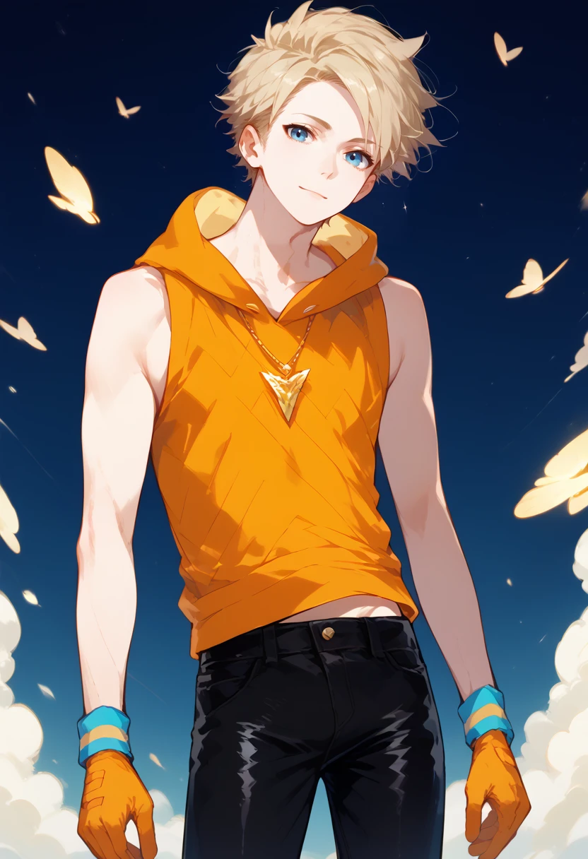 score_9, score_8_up, score_7_up, masterpiece, best quality, amazing quality, best aesthetic, ,absurdres,intricate details,spark_pokemon, blonde hair, blue eyes, orange sleeveless hoddie, orange gloves, wristband, black pants, black shoes,necklace, looking at viewer, 1boy<lora:EMS-373804-EMS:0.800000>, <lora:EMS-382826-EMS:1.000000>