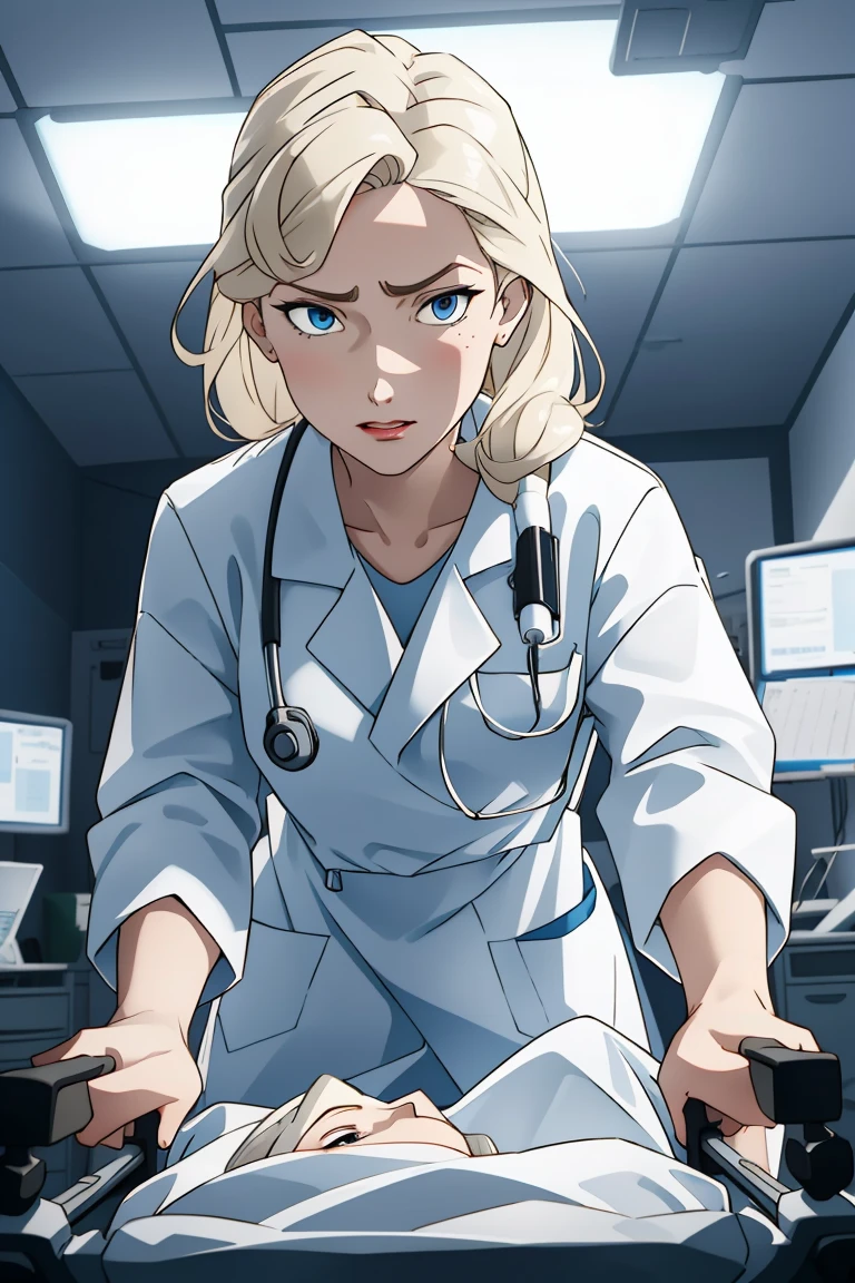 (RAW photo, best quality,facing the viewer,from front), operating room, overhead surgical light,blurred background, focused, dithering,backlighting,
 <lora:helga:0.8> helga 1girl,1girl,solo, blonde hair, makeup, blue eyes,
 <lora:Doctor_Push_Stretcher_V2.0:0.8> doctor_pushing_stretcher, 1girl, solo, doctor, stethoscope, labcoat,gurney,