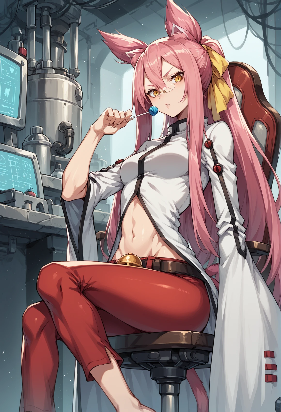 1girl, cat ears, cat tail, multiple tails, long hair, pink hair, sidelocks, ponytail, yellow ribbon, yellow eyes, long sleeves, wide sleeves, navel, black panties, red pants, belt, bell, strap, shackles, glasses, lollipop, sitting, looking at viewer, chair, laboratory  <lora:Kokonoe_Blazblue:1>, score_9, score_8_up, score_7_up, score_6_up, score_5_up, score_4_up, BREAK source_anime, masterpiece