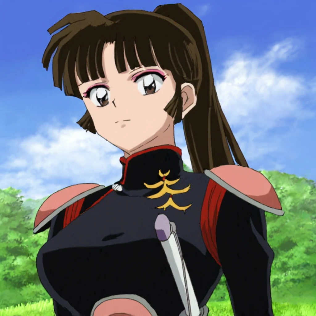 <lora:SangoV2:1> Sango, 1girl, solo, closed mouth, brown eyes, brown hair, long hair, ponytail, makeup, bangs, breasts, armor, shoulder pads, weapon, sword, outdoors, grass, sky, looking at viewer, anime coloring, retro artstyle