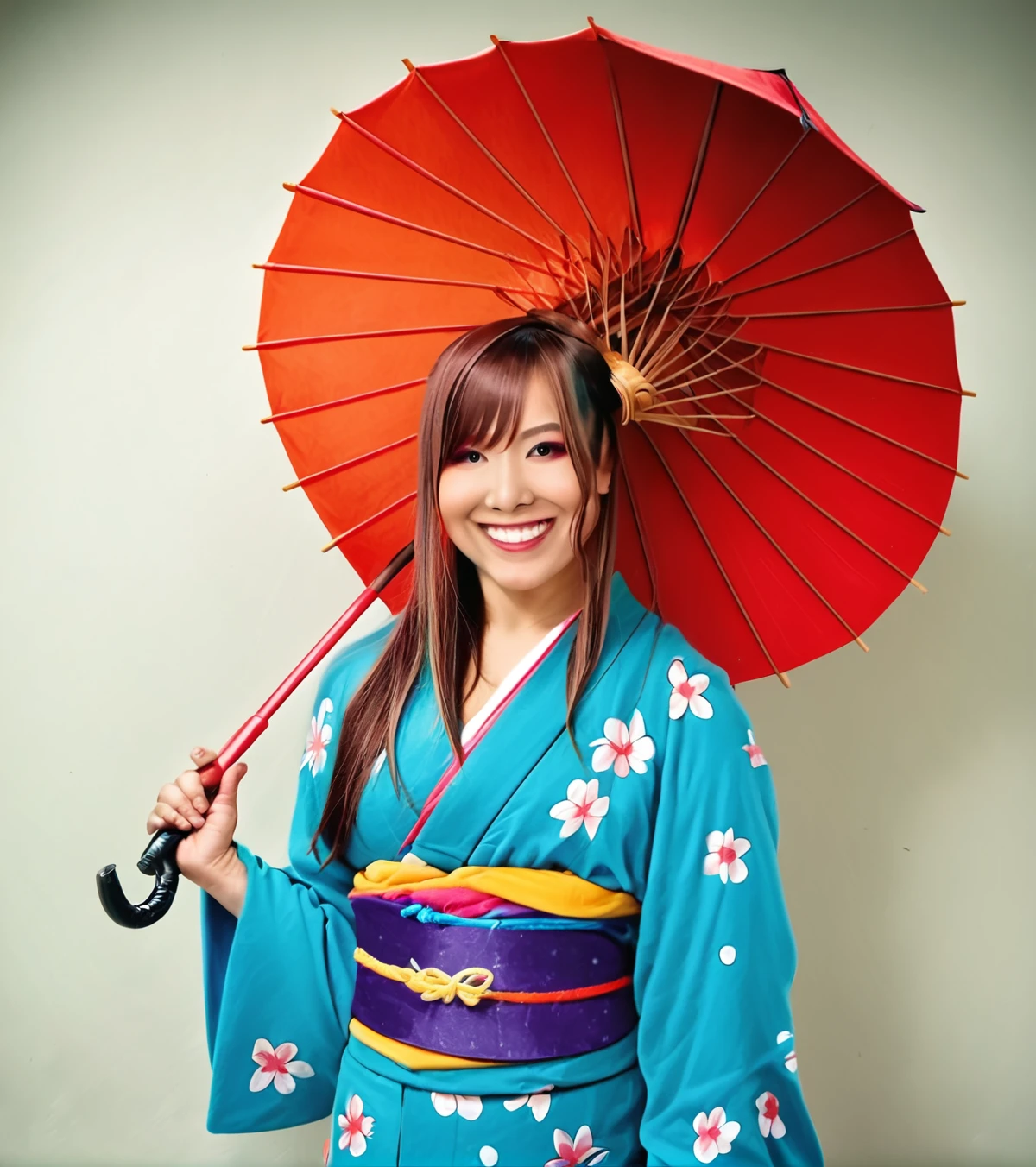 (1girl), Source_9, Kairi Sane, holding umbrella, kimono, smile, photorealistic, simple background, extremely detailed  face, <lora:Kairi_Sane_-_Wrestler:1>photo