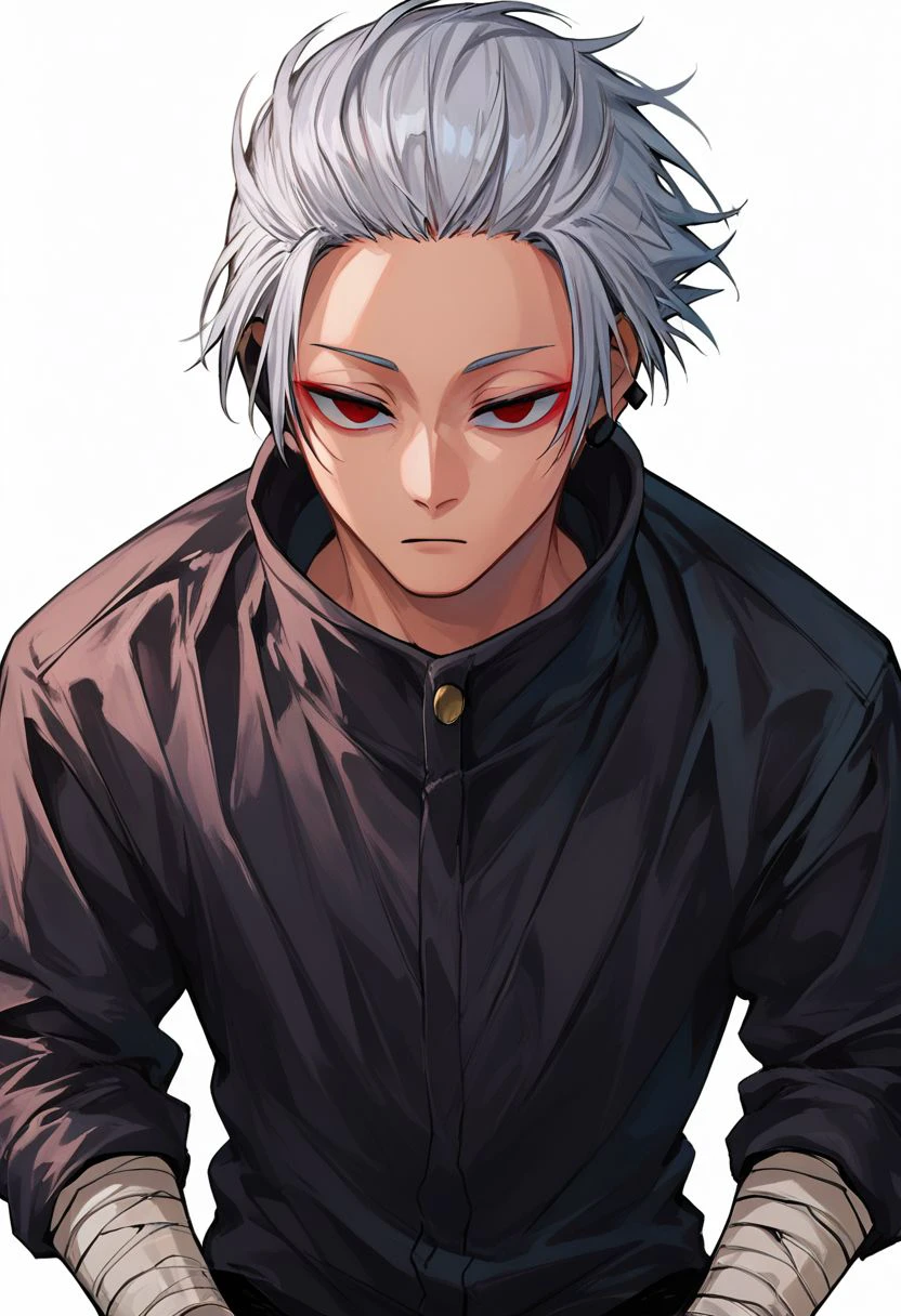 score_9, score_8_up, score_7_up, score_9,4k, HD, 8k, highres, BREAK, 1boy, solo, emotionless, tilting head, Gaku, silver hair, short hair, slanted eyes, red eyes, earrings, ear piece on left ear, bandaged hands, black jacket, high collar, black pants, arms at sides, half body, looking at viewer, white background, Sainttufa