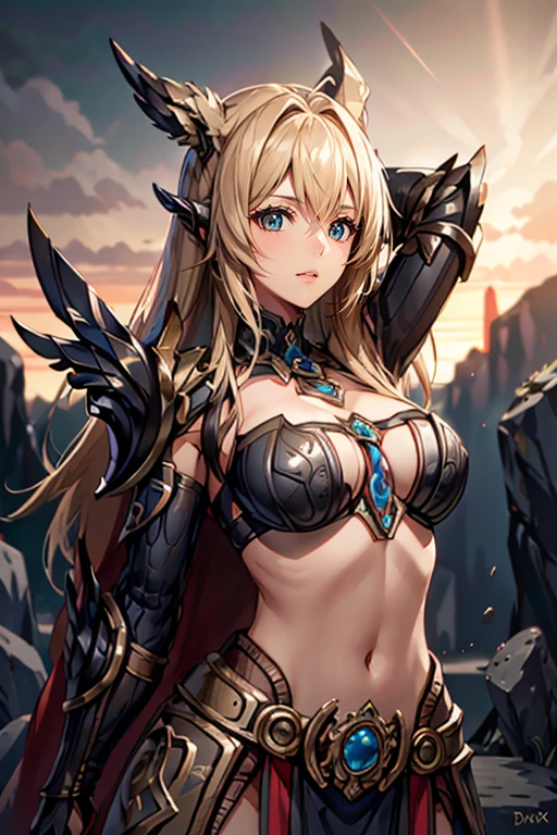 High quality、8k、beautiful girl、female hero、fantasy world、bright background、rich in nature、bikini armor、cool atmosphere、