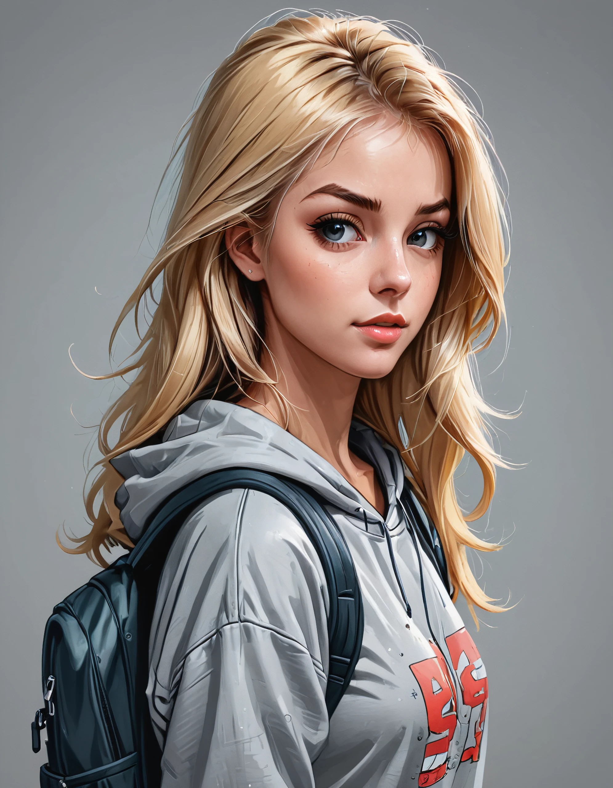 blonde woman with hoodie and backpack, cartoon style, digital art