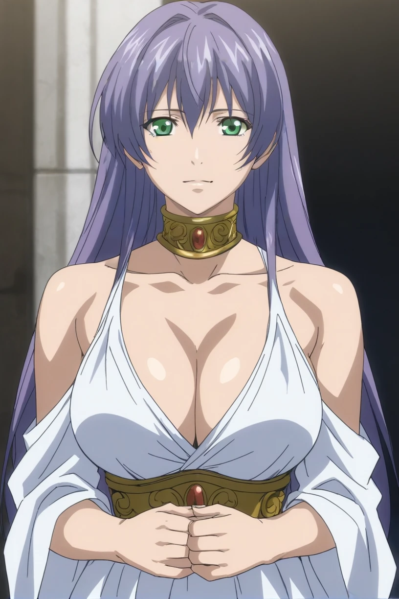 best quality,masterpiece,looking at viewer,absurdres,1girl,score_9,score_8_up,score_7_up,source_anime BREAK sasha,green eyes,purple hair,long hair,collarbone,large breasts,cleavage,white dress2,dress,gold necklace,jewelry,<lora:033-å¥çç¥è¯LC-è¨æ²XLV2:0.8>,bare shoulders,