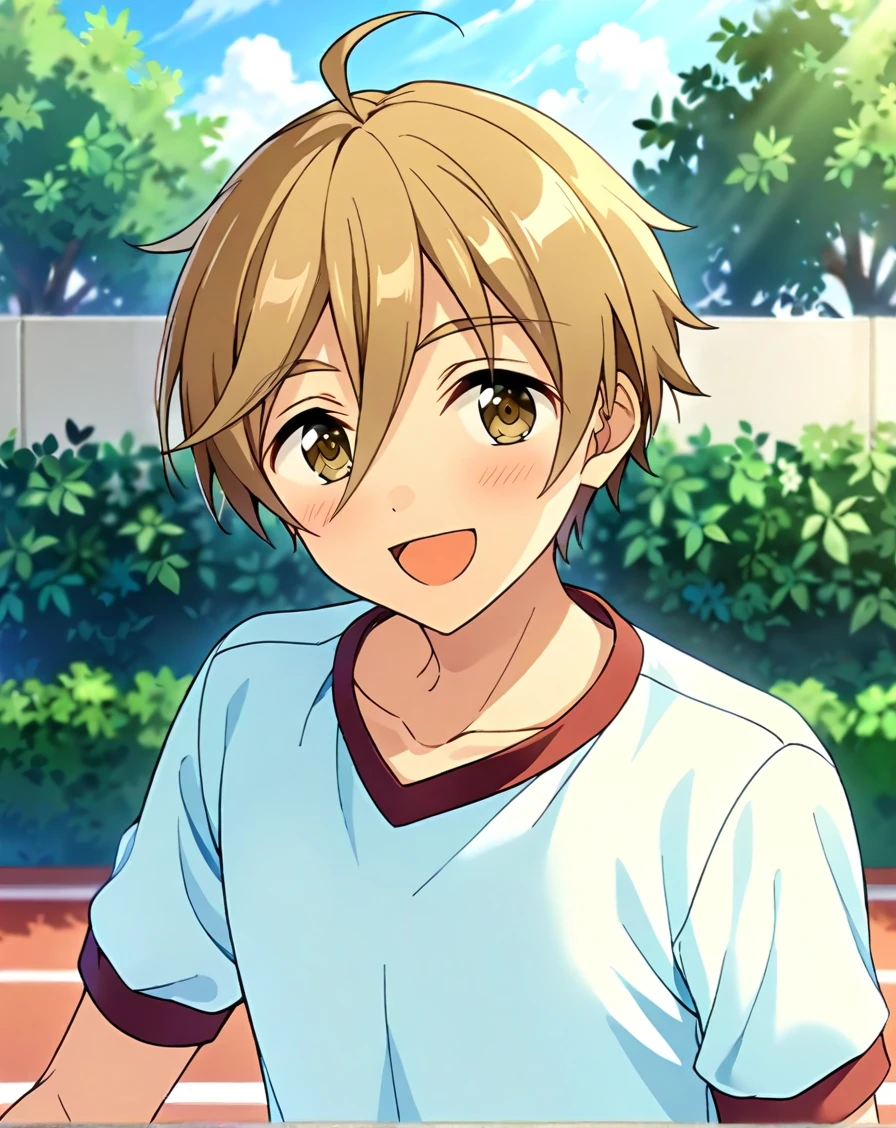 masterpiece, best quality, very aesthetic, absurdres, very detailed, score_9, score_8_up, score_7_up, depth of field, ((1boy, solo, male only, male focus, upperbody)), (mashiro_tomoya, brown hair, brown eyes, short hair, hair between eyes, bangs, ahoge), happy, looking at viewer, facing viewer, collarbone, outdoors, gym uniform, <lora:mashiro_tomoya_sdxl_lora:0.80>, <lora:Lightning-8:1>