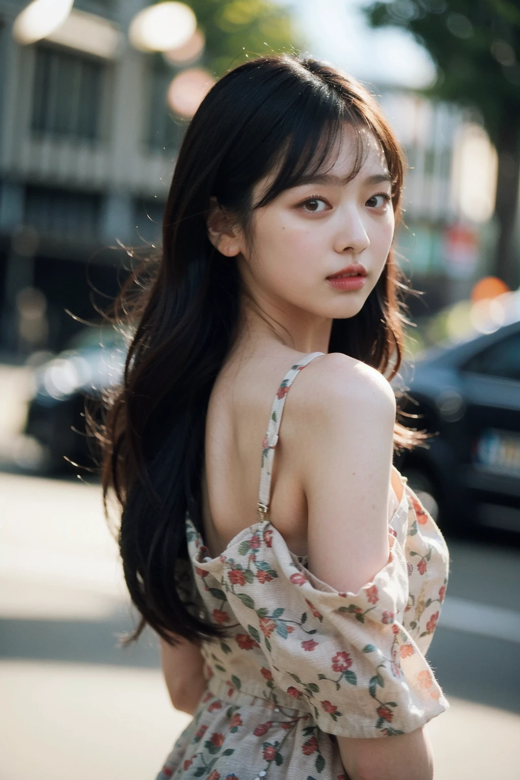 Best quality, masterpiece, ultra high res, (photorealistic), raw photo,1girl, skinny, upper body,solo, realistic, looking at viewer, long hair, bokeh background, city streets,brown eyes, bohemian dress, <lora:makina69_leesoomin_v1.0:1>