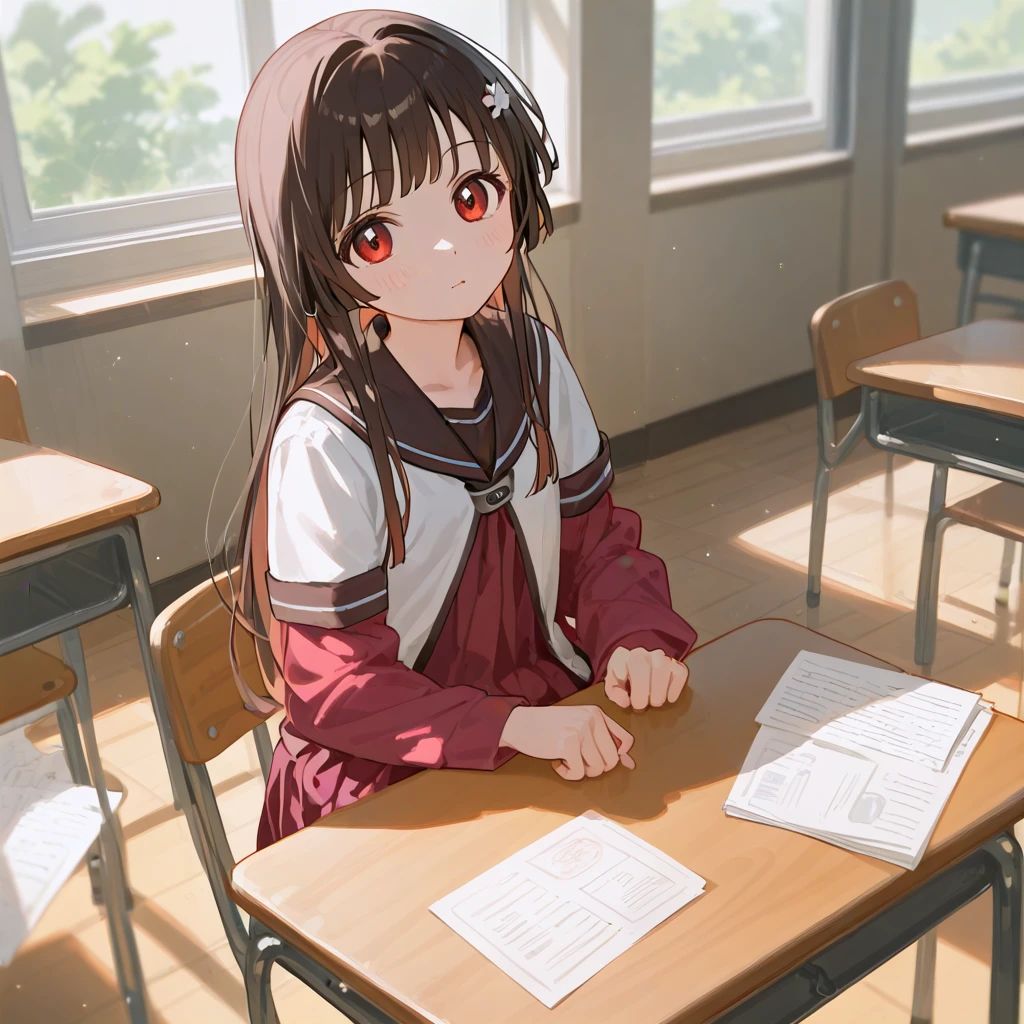 score_9, score_8_up, score_7_up, score_6_up, score_5_up, 1girl BREAK, matsumoto_rise, school uniform, on desk, indoors, looking at viewer