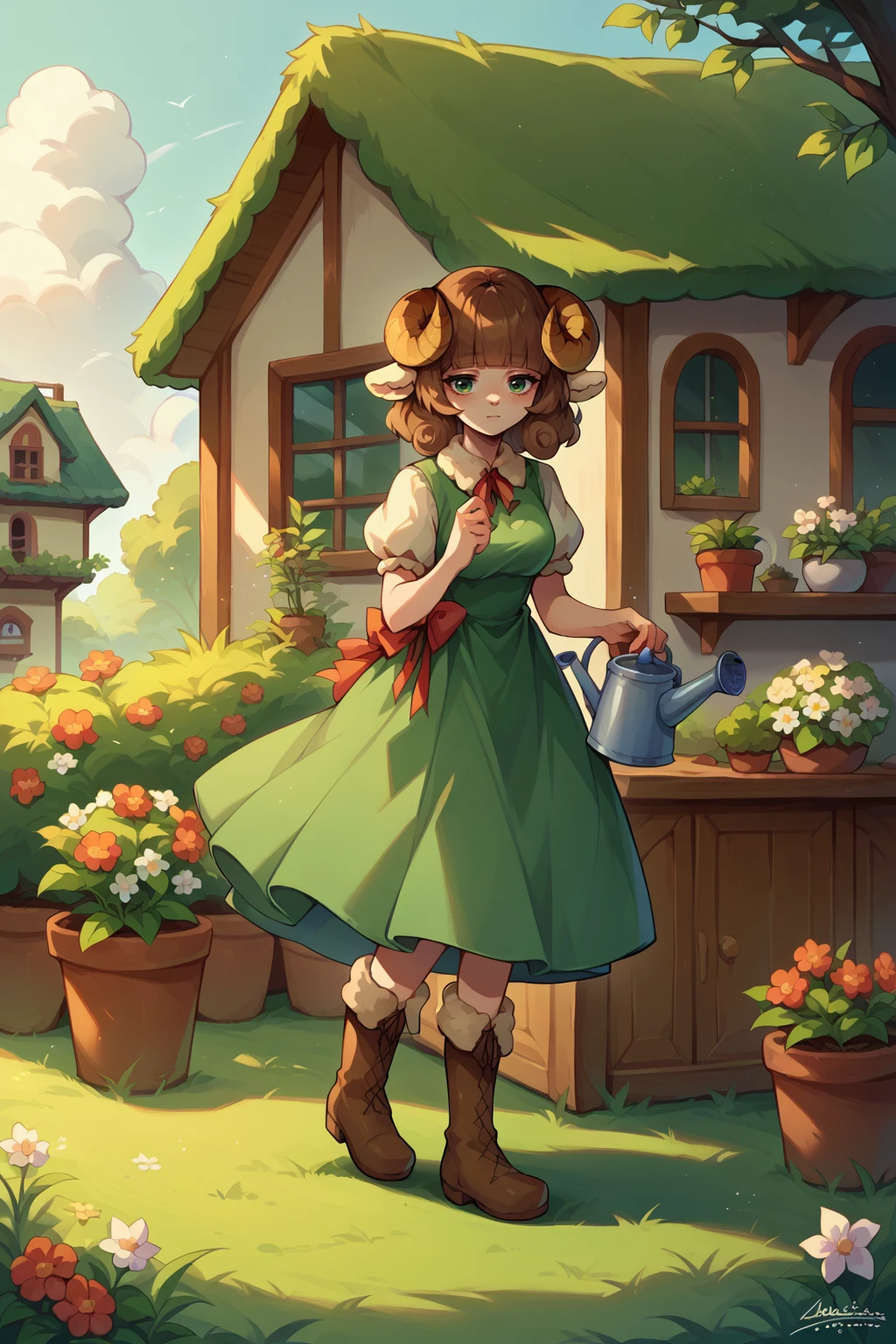 score_9, score_8_up, score_7_up, 1girl, solo, <lora:NSWeresheepMGE:0.8> NSWeresheepMGE, green eyes, medium hair, blunt bangs, brown hair, sheep horns, sheep ears, watering can, flower pot, front of the house, green dress, high boots,