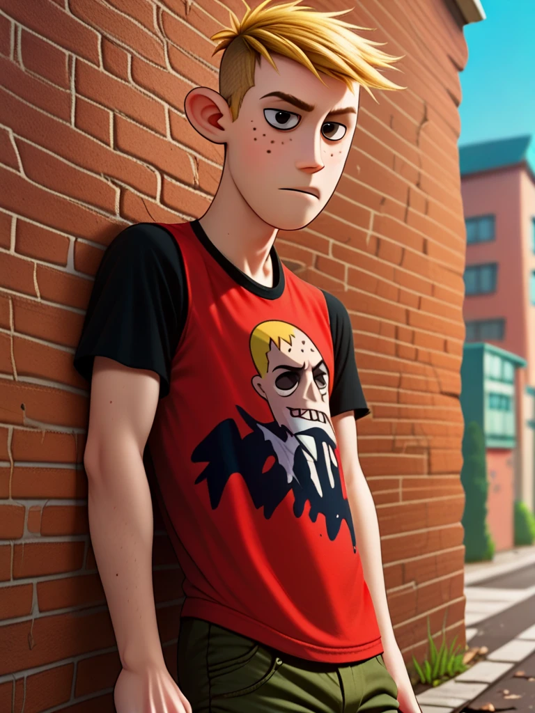 score_9, score_8_up, score_7_up, score_6_up, flat art, 2D, 1boy, solo, simple, 1boy, adult, r0nst0p, blonde hair, punk shirt, shorts