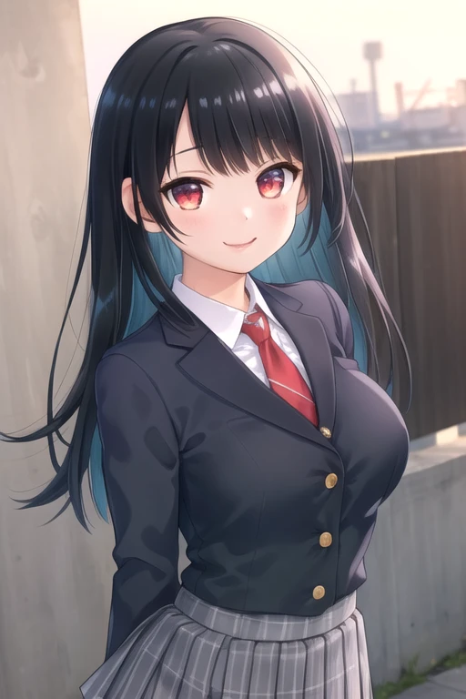 ((masterpiece)),(best quality),official art,extremely delicate and beautiful,extremely detailed CG,unity 8k wallpaper,ultra detailed,beautiful detailed eyes,extremely detailed face,outdoors,1girl,solo,upper body,(portrait:1.5),looking at viewer,facing viewer,smile,Tomoe Rinka,long hair,black hair,shiny hair,straight hair,side swept bangs,red eyes,school uniform,black jacket,blazer,wing collar,red necktie,white shirt,collared shirt,buttons,long sleeves,underbust,large breasts,miniskirt,grey skirt,plaid skirt,pleated skirt,zettai ryouiki,black thighhighs,loafers,brown footwear,<lora:Tomoe Rinka(ym):0.8>,