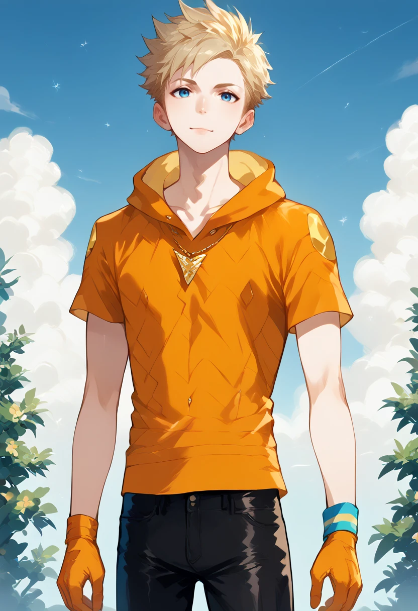 score_9, score_8_up, score_7_up, masterpiece, best quality, amazing quality, best aesthetic, ,absurdres,intricate details,spark_pokemon, blonde hair, blue eyes, orange sleeveless hoddie, orange gloves, wristband, black pants, black shoes,necklace, looking at viewer, 1boy<lora:EMS-373804-EMS:0.800000>, <lora:EMS-382826-EMS:1.000000>